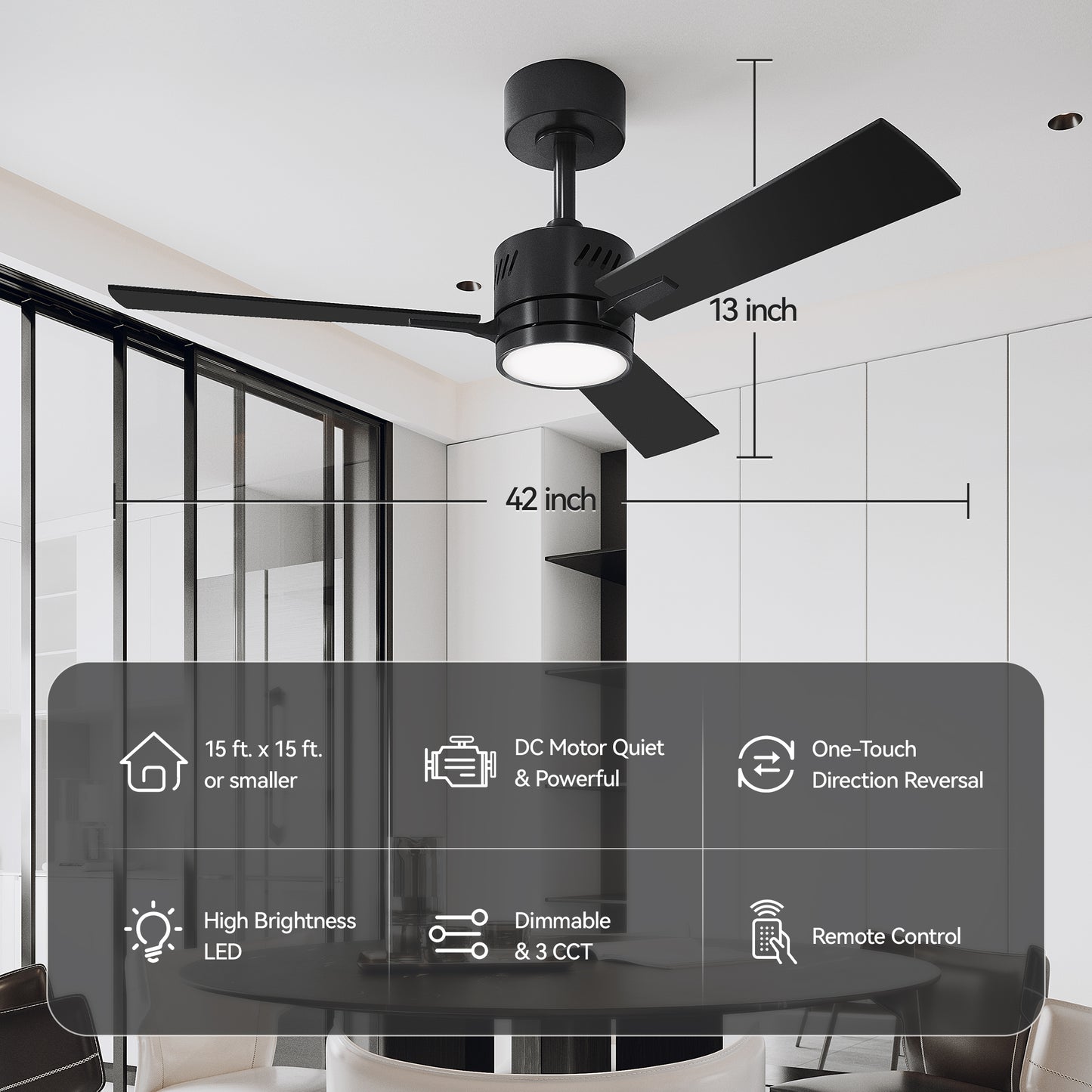 SUNMORY Ceiling Fans with Lights and Remote, 42 Inch Low Profile Ceiling Fan with Light, Reversible DC Motor, Dimmable LED, 3CCT, Quiet, Modern Ceiling Fan for Bedroom/Living Room/Patios, Black