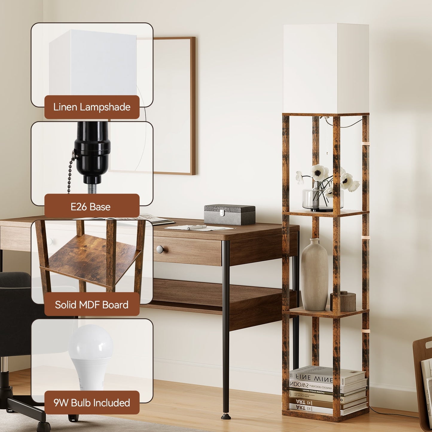 SUNMORY Floor Lamp with Shelves, LED Standing Lamp 1000 LUmens, Shelf Floor Lamp with Weighted Base, Morden Lamp for Bedroom Living Room, Lamp with Storage Dustproof, UL Certified, Brown 16041107997