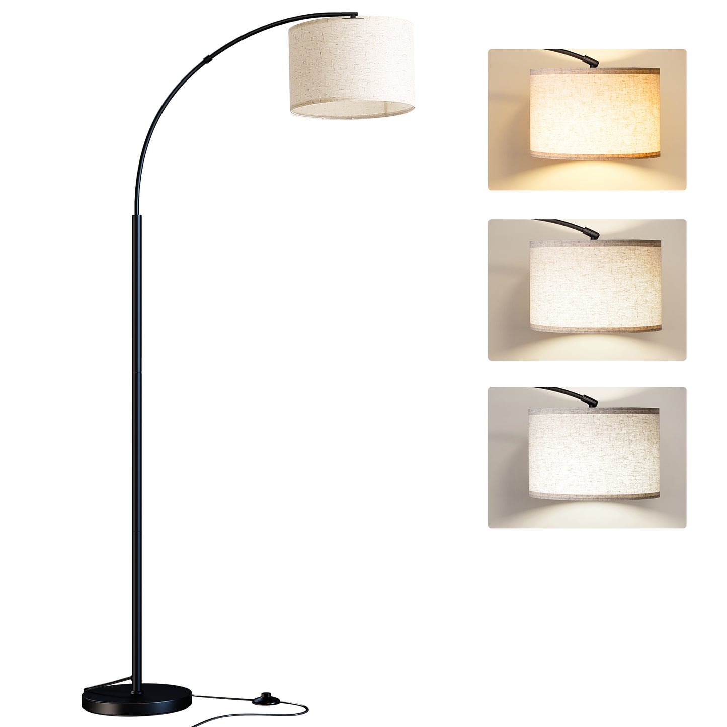 Arc Floor Lamp with Foot Switch, 3 Color Temperature, 9w A19 LED Bulb included, 75″Height Tall Lamp with Hanging Drum Shade, Arched Standing Lamp for Bedroom, Living Room, Office(Black) 13107820083
