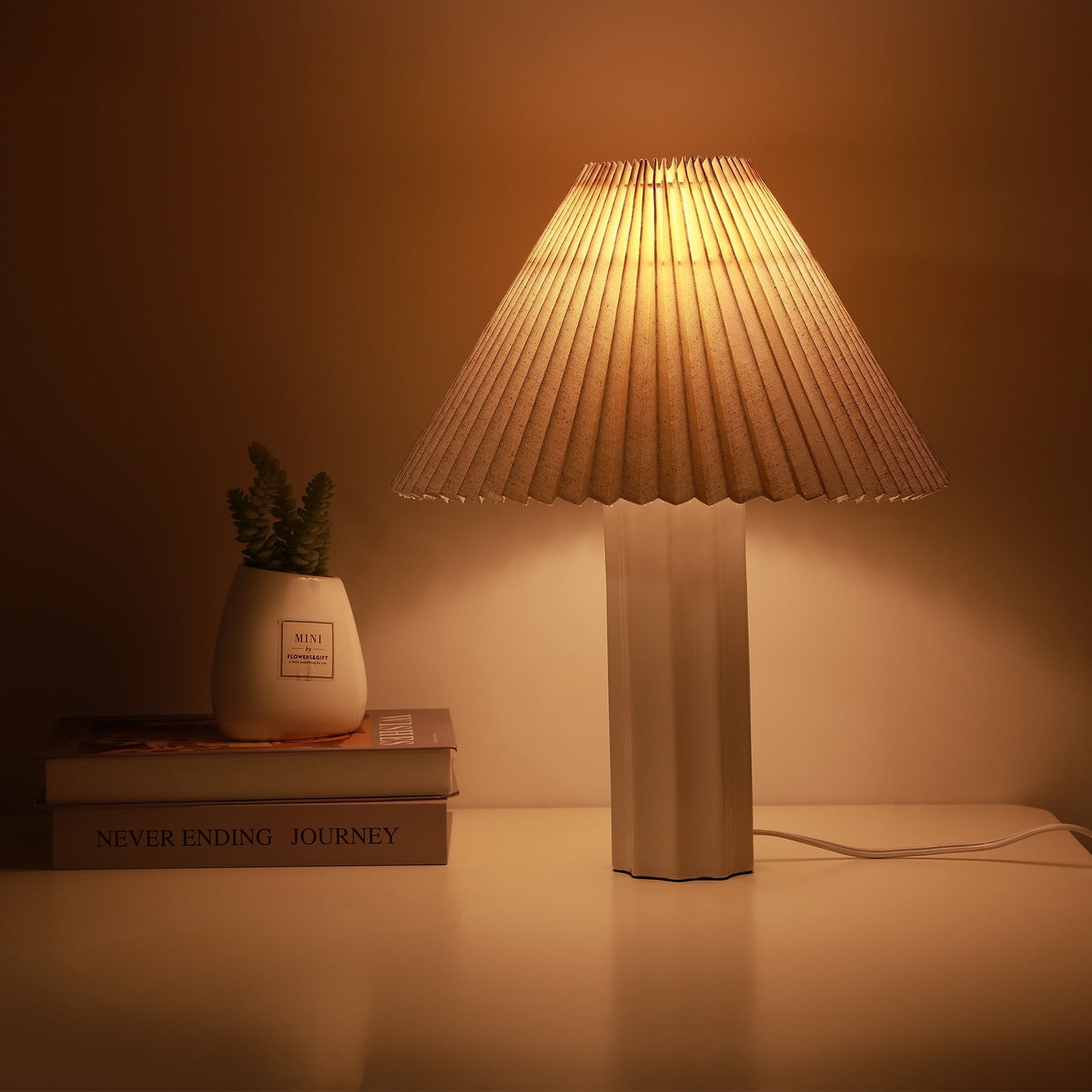 SUNMORY 17.5'' Ceramic Table Lamp, 3-Way Dimmable Led Bulb Bedside Nightstand Lamps with Pleated Fabric Shade