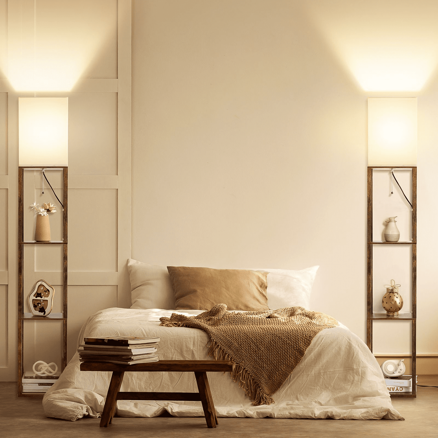 SUNMORY Floor Lamp with Shelves, LED Standing Lamp 1000 LUmens, Shelf Floor Lamp with Weighted Base, Morden Lamp for Bedroom Living Room, Lamp with Storage Dustproof, UL Certified, Brown 16041107997