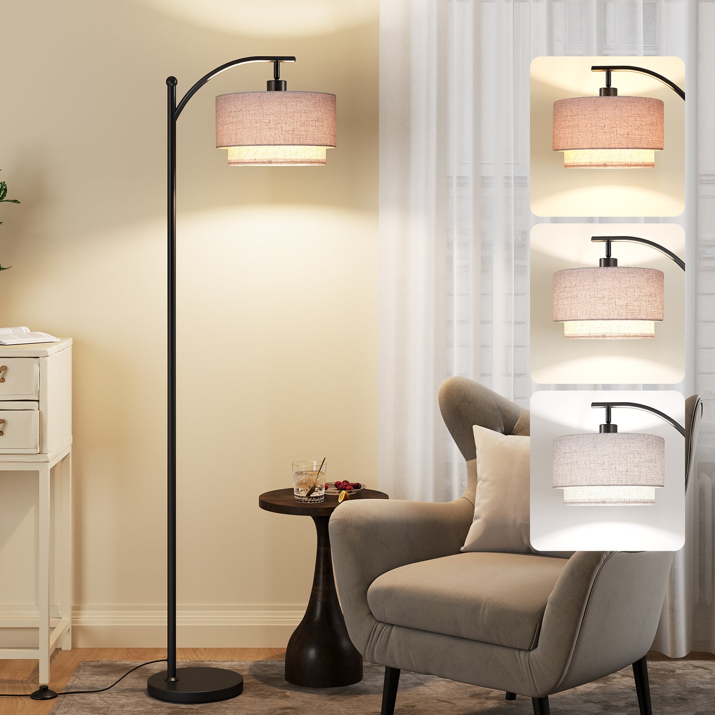 SUNMORY Arc Floor Lamp, Modern Corner Standing Lamp with Unique Hanging Douoble Drum Lampshade for Living Room, Bedroom, Study Room