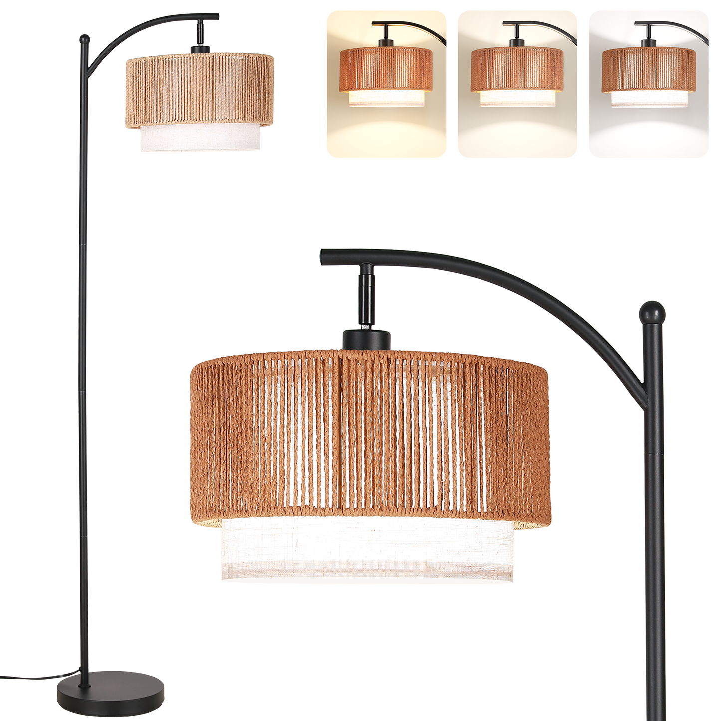 SUNMORY Rattan Floor Lamps, Boho Standing Lamps with Rattan & Linen Double Shades, Arc Lamp Floor with 12W Bulb, Foot Switch, Bohemian Floor Lamps for for Living Room, Bedroom, Study Room