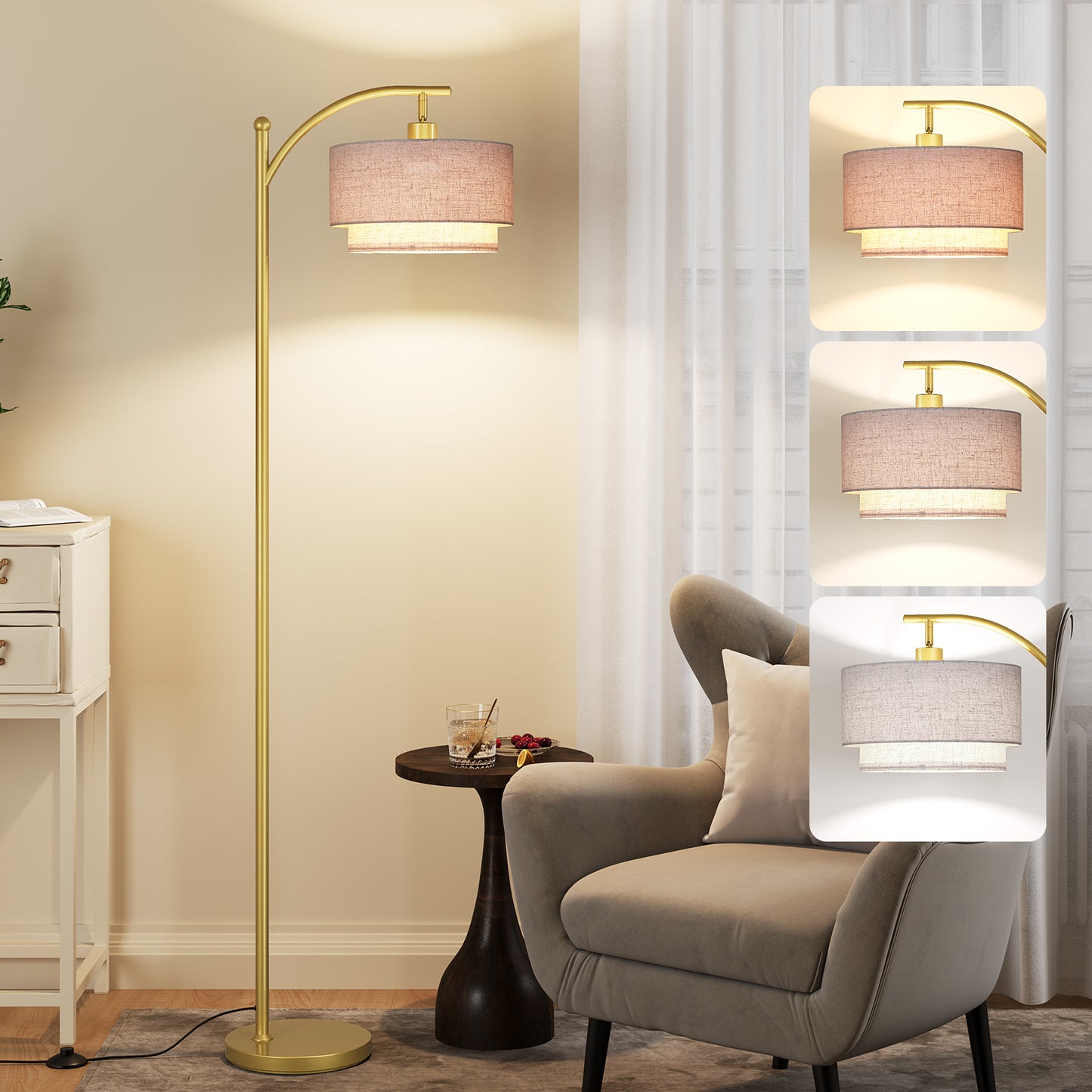 SUNMORY Arc Floor Lamp, Modern Corner Standing Lamp with Unique Hanging Douoble Drum Lampshade for Living Room, Bedroom, Study Room