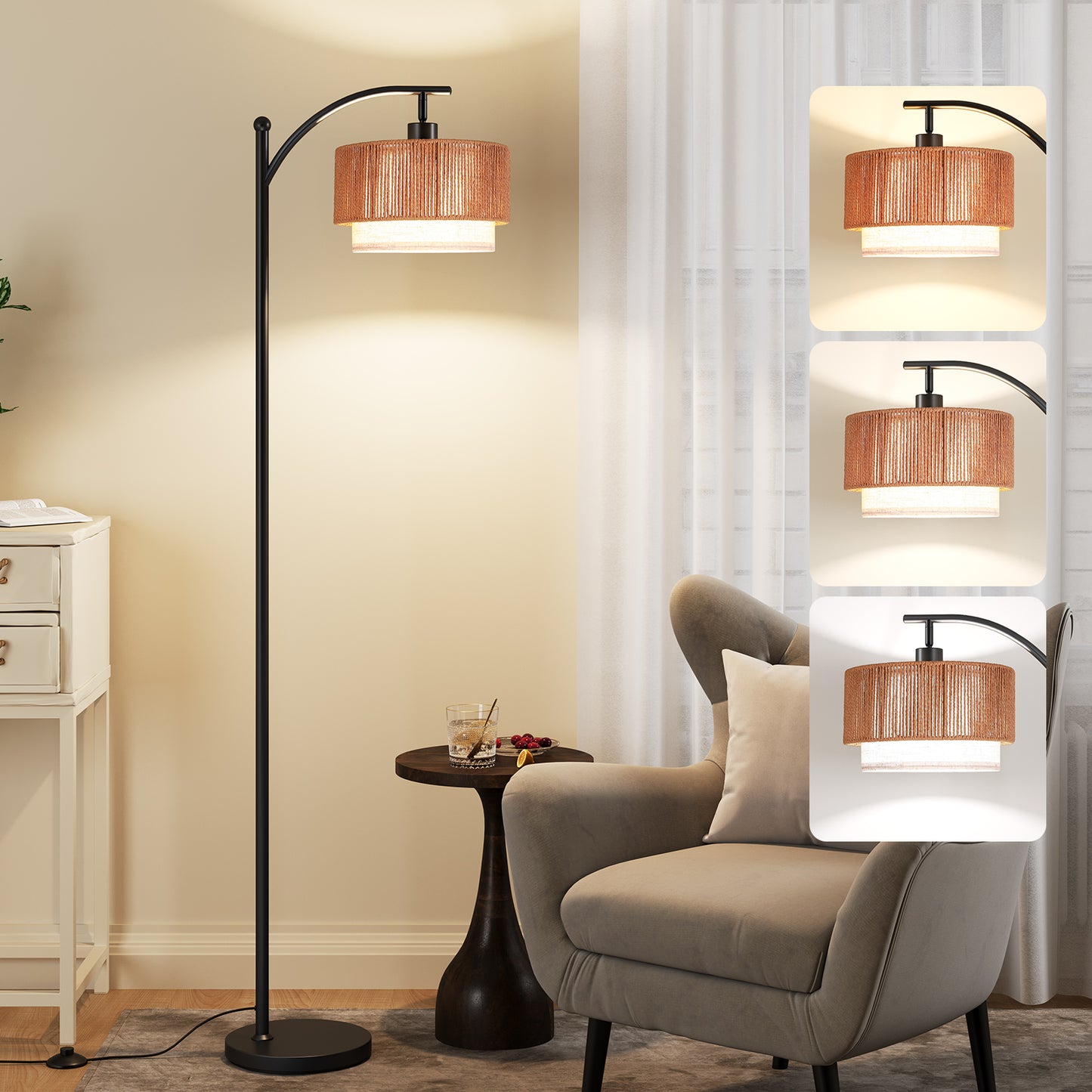 SUNMORY Rattan Floor Lamps, Boho Standing Lamps with Rattan & Linen Double Shades, Arc Lamp Floor with 12W Bulb, Foot Switch, Bohemian Floor Lamps for for Living Room, Bedroom, Study Room