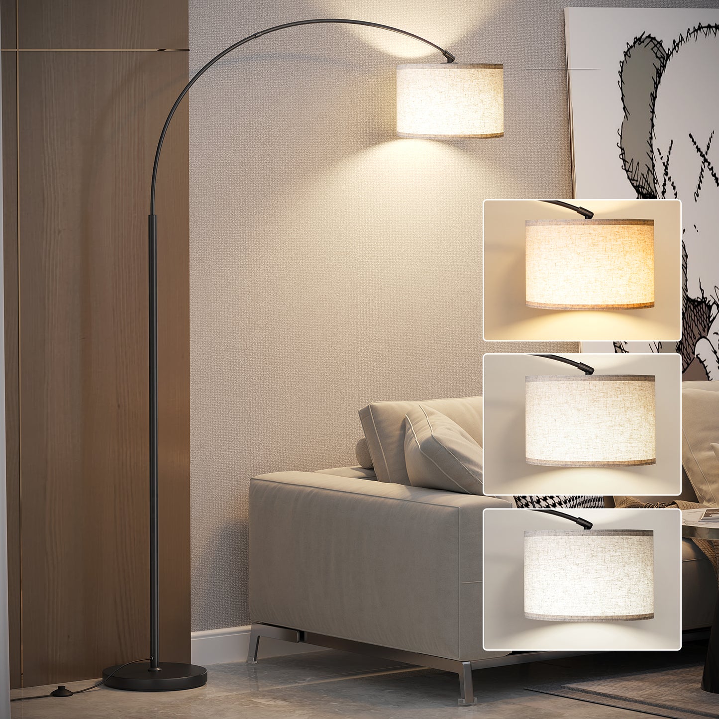 Arc Floor Lamp with Foot Switch, 3 Color Temperature, 9w A19 LED Bulb included, 75″Height Tall Lamp with Hanging Drum Shade, Arched Standing Lamp for Bedroom, Living Room, Office(Black) 13107820083