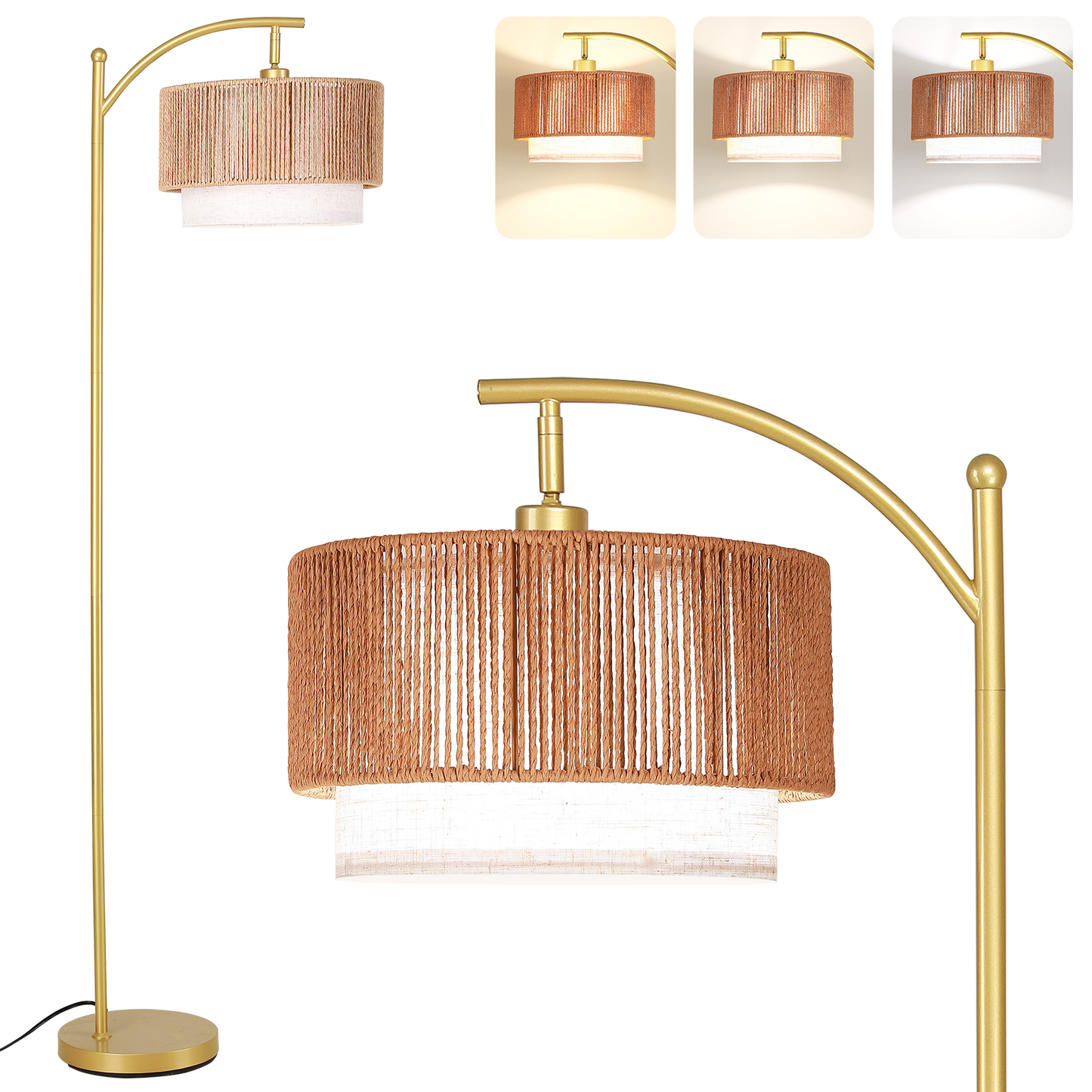 SUNMORY Rattan Floor Lamps, Boho Standing Lamps with Rattan & Linen Double Shades, Arc Lamp Floor with 12W Bulb, Foot Switch, Bohemian Floor Lamps for for Living Room, Bedroom, Study Room
