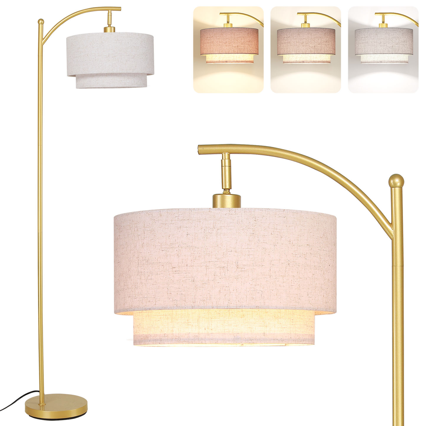 SUNMORY Arc Floor Lamp, Modern Corner Standing Lamp with Unique Hanging Douoble Drum Lampshade for Living Room, Bedroom, Study Room