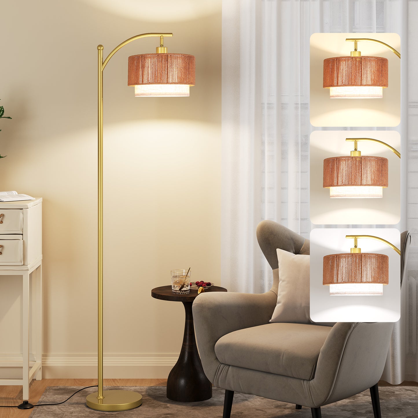 SUNMORY Rattan Floor Lamps, Boho Standing Lamps with Rattan & Linen Double Shades, Arc Lamp Floor with 12W Bulb, Foot Switch, Bohemian Floor Lamps for for Living Room, Bedroom, Study Room