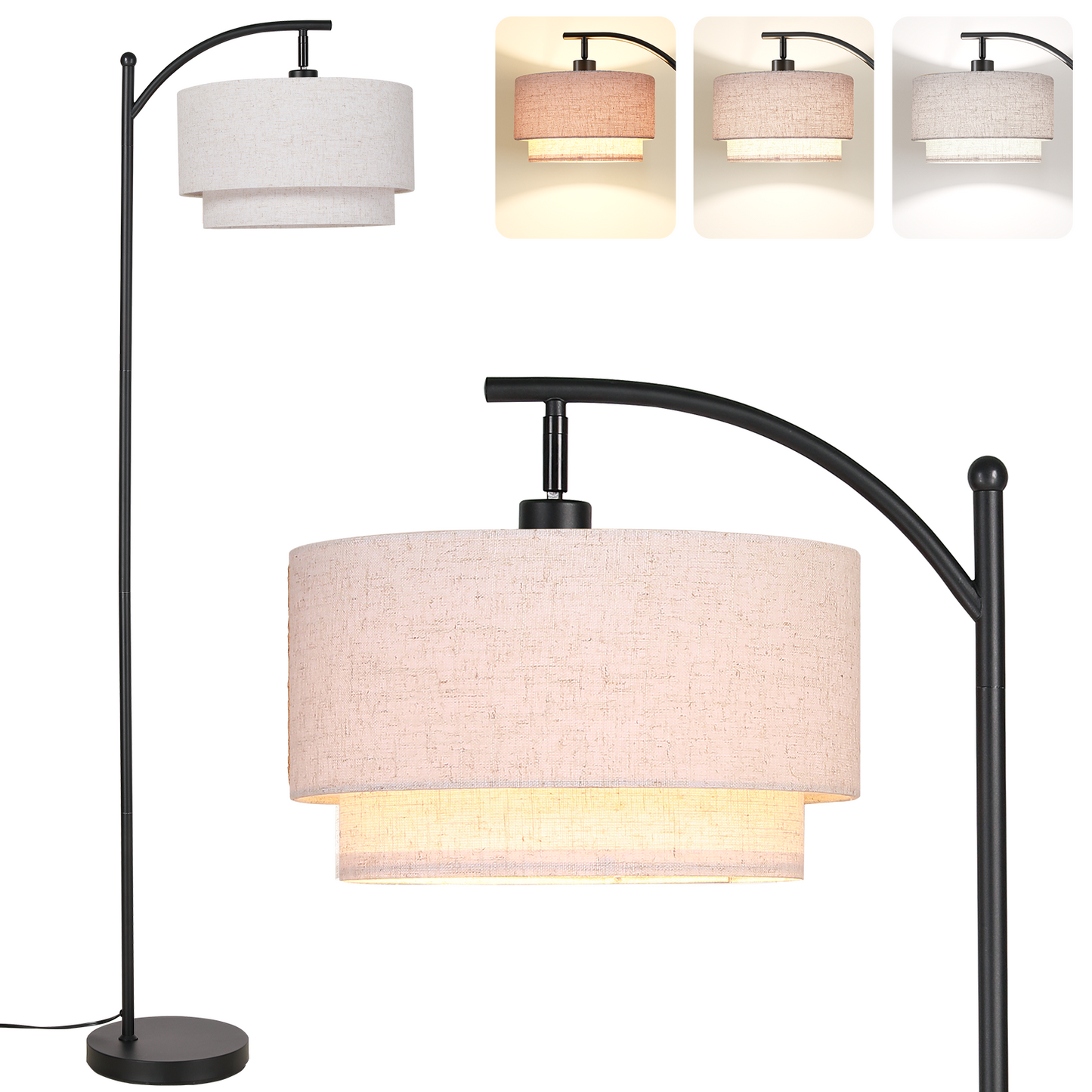SUNMORY Arc Floor Lamp, Modern Corner Standing Lamp with Unique Hanging Douoble Drum Lampshade for Living Room, Bedroom, Study Room