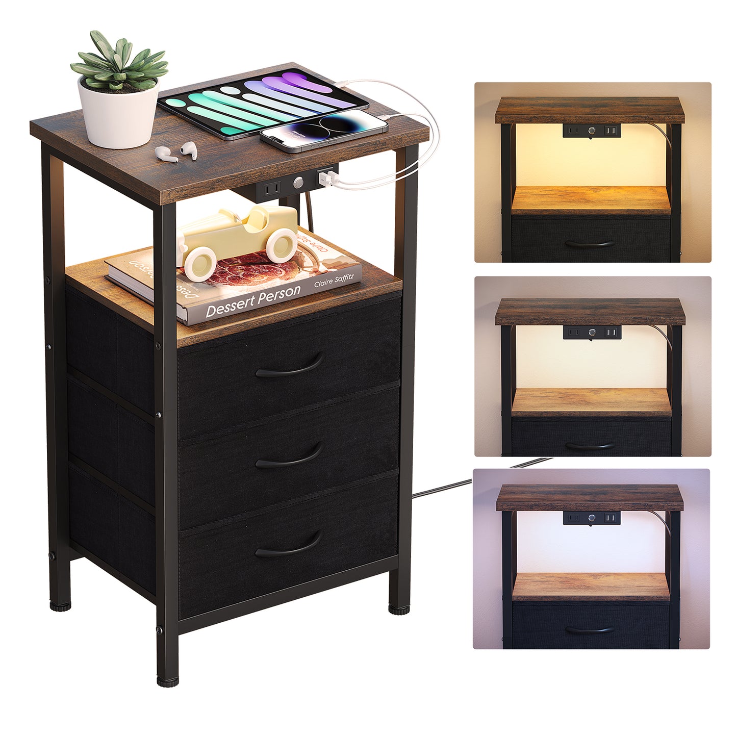 3-Tier Nightstand with Drawers and Charging Station, End Table with Storage Shelf and USB Ports& Power Outlets Side Table for Living Room, Rustic Brown