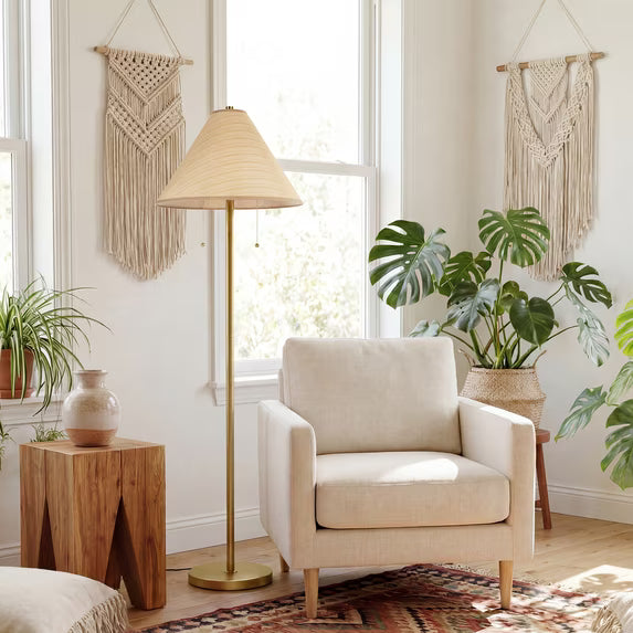 SUNMORY Gold Floor Lamps for Living Room, Modern Brass Standing Lamp with Nature Rattan Shade, Heavy Duty Base, Mid Century Tall Pole Lamp for Bedroom, Office & Reading Nook, Boho Decor 20168265164