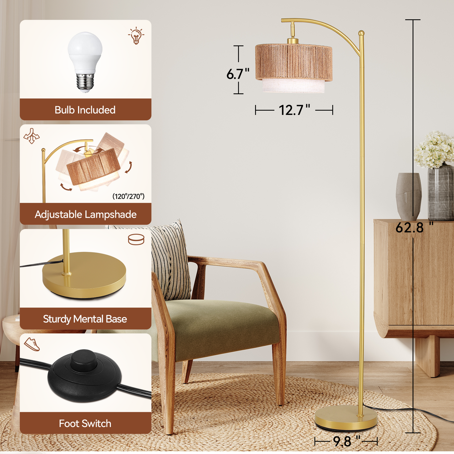 SUNMORY Rattan Floor Lamps, Boho Standing Lamps with Rattan & Linen Double Shades, Arc Lamp Floor with 12W Bulb, Foot Switch, Bohemian Floor Lamps for for Living Room, Bedroom, Study Room