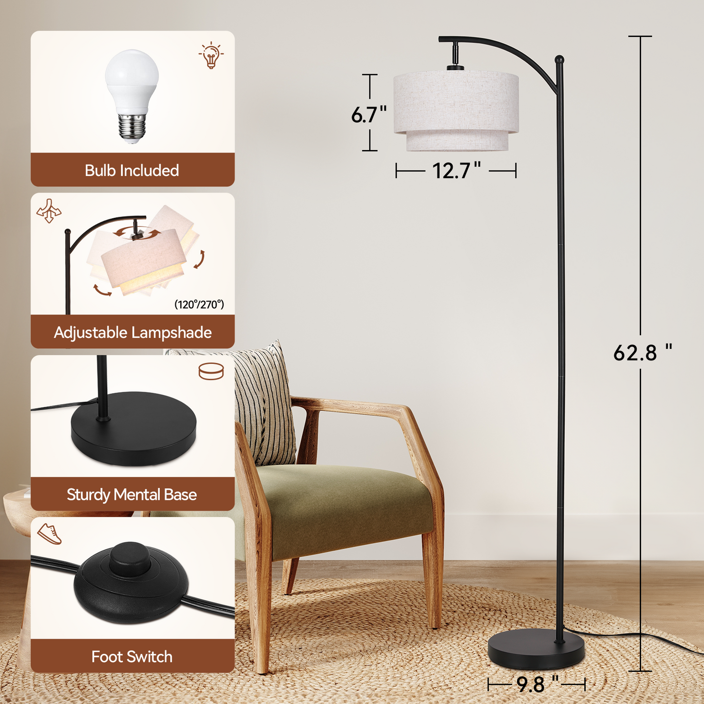SUNMORY Arc Floor Lamp, Modern Corner Standing Lamp with Unique Hanging Douoble Drum Lampshade for Living Room, Bedroom, Study Room