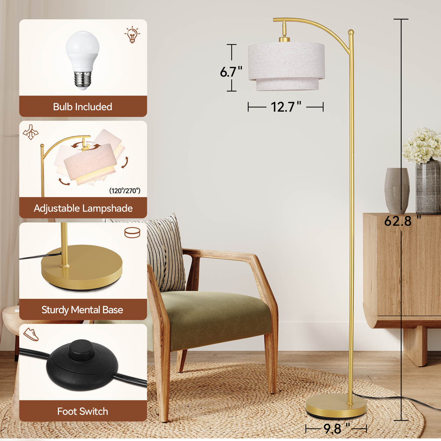 SUNMORY Arc Floor Lamp, Modern Corner Standing Lamp with Unique Hanging Douoble Drum Lampshade for Living Room, Bedroom, Study Room