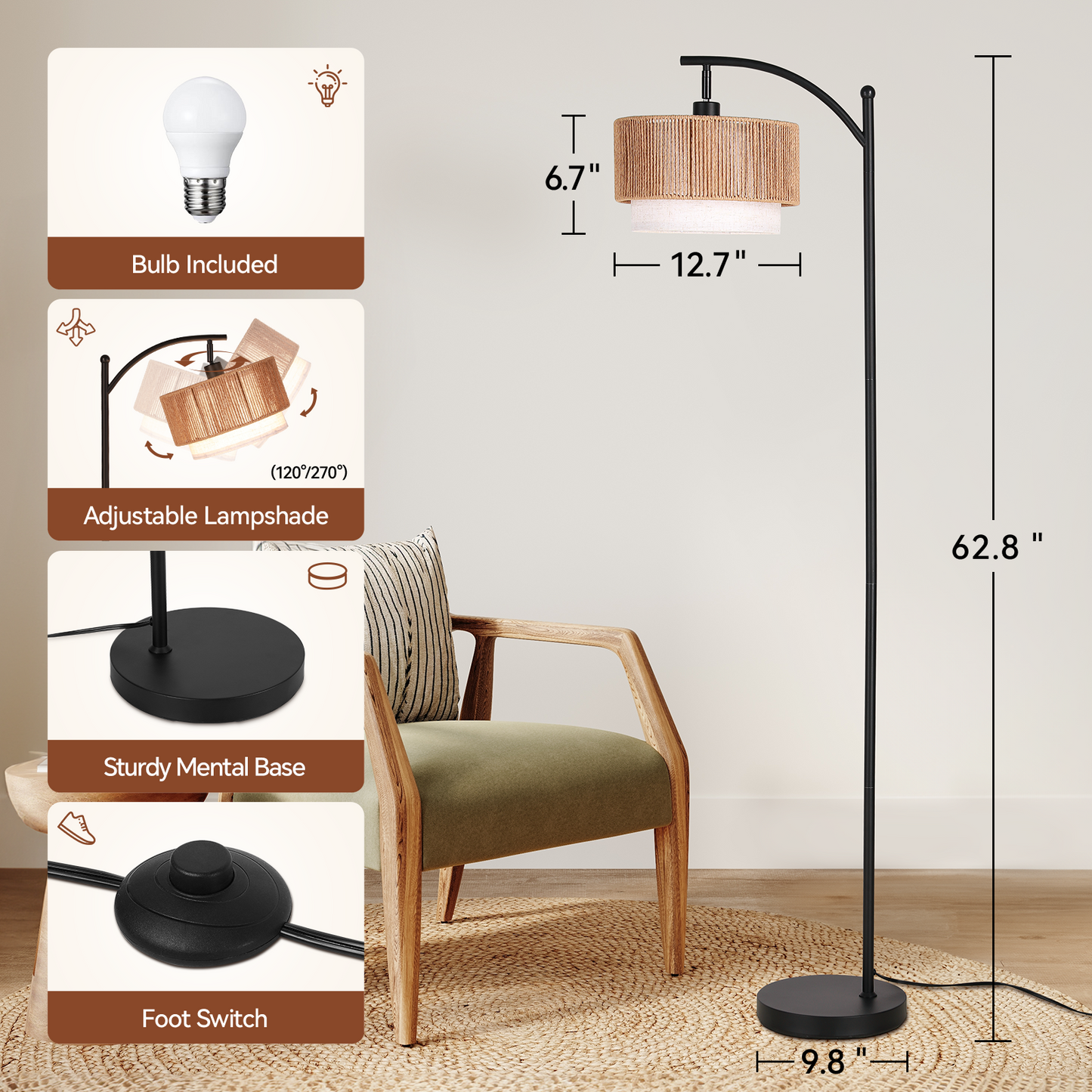 SUNMORY Rattan Floor Lamps, Boho Standing Lamps with Rattan & Linen Double Shades, Arc Lamp Floor with 12W Bulb, Foot Switch, Bohemian Floor Lamps for for Living Room, Bedroom, Study Room