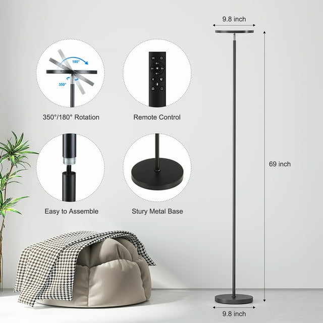 SUNMORY Floor Lamp with Remote Control, 32W/3000LM Super Bright Corner Lamp, 69" Tall Torchiere Standing Lamp with Stepless Dimmable, Modern LED Floor Lamps for Living Room, Bedroom, Office
