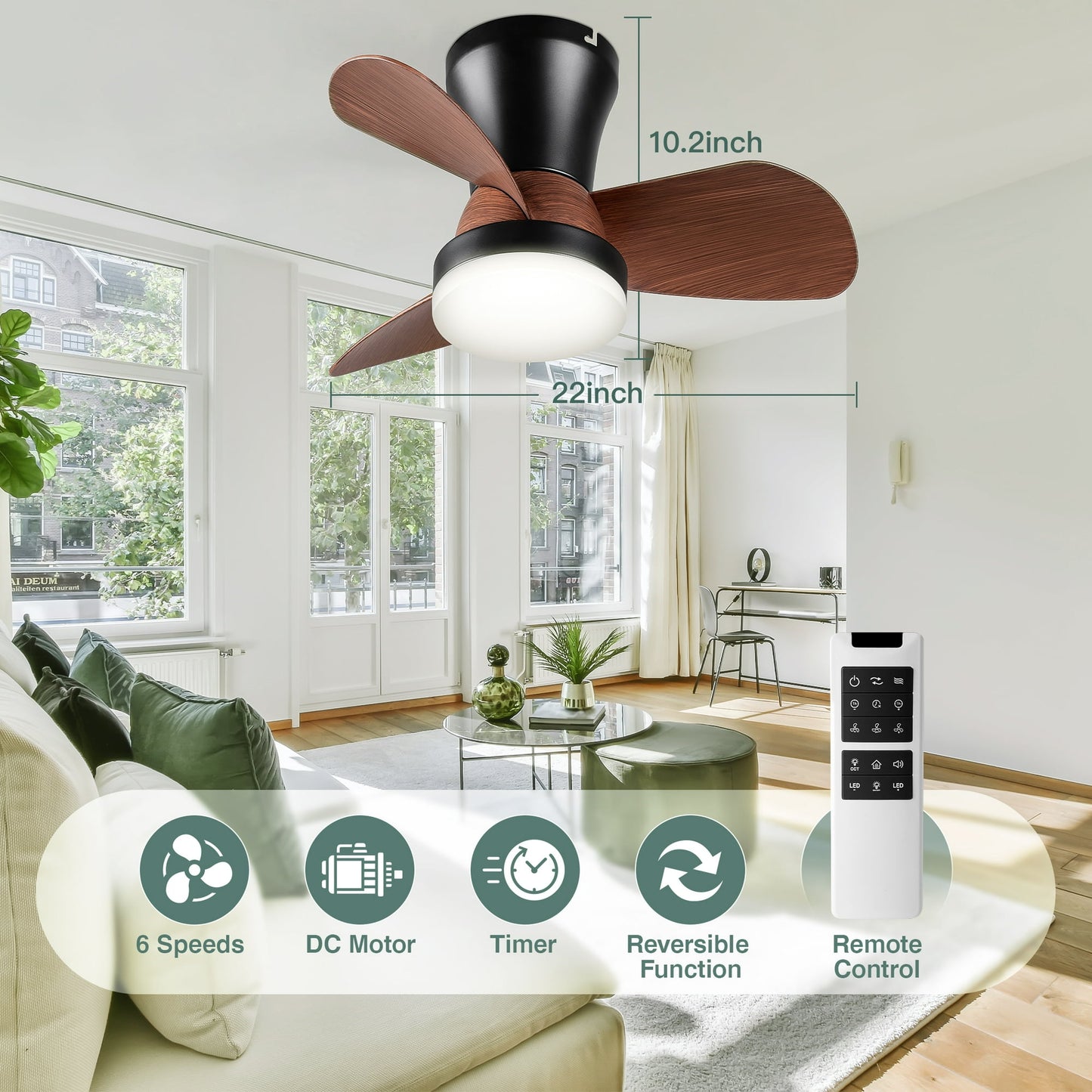 SUNMORY 22 in Flush Mount Ceiling Fan with Remote Control 5321703731