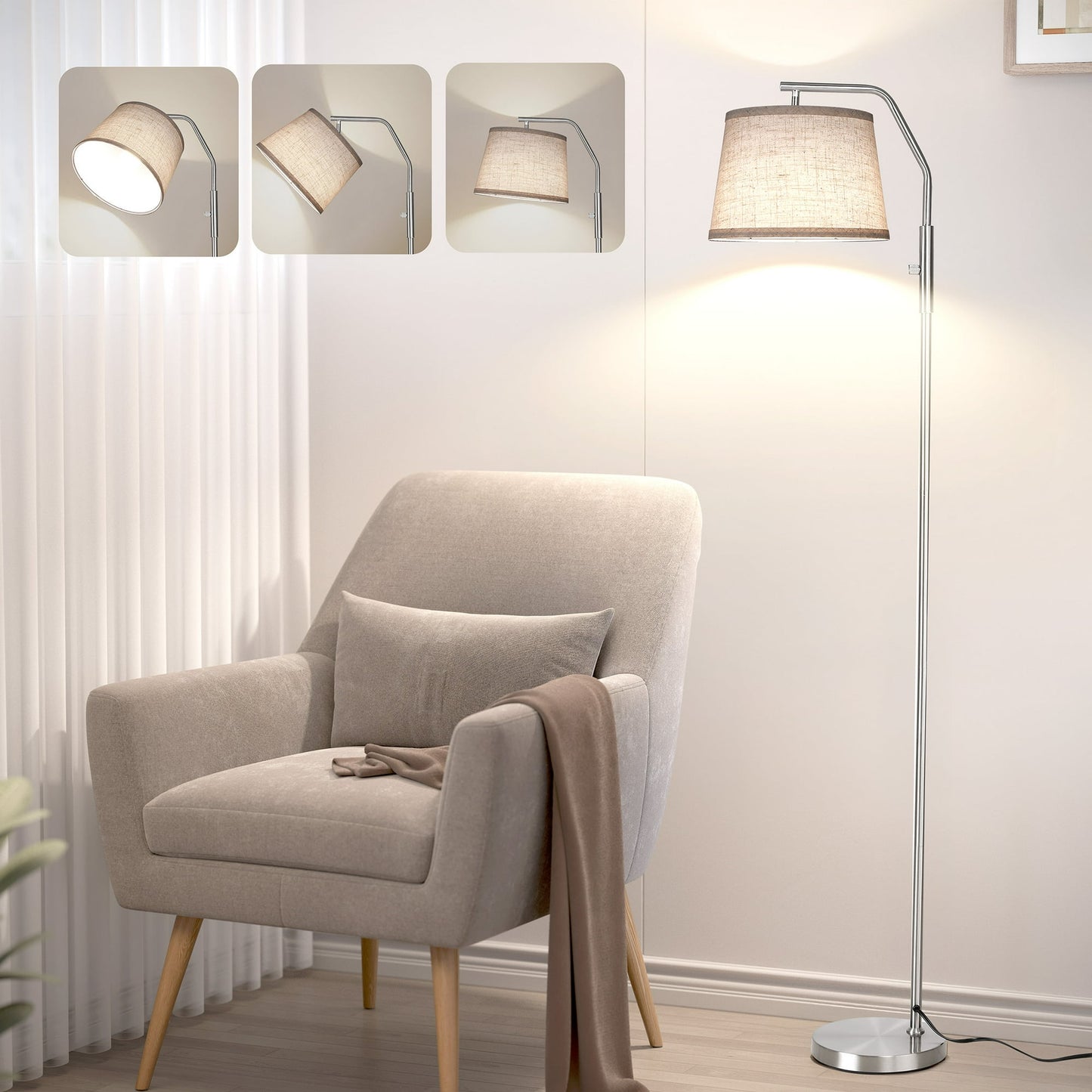 SUNMORY Floor Lamp for Living Room, 9W Bulb Included, Lamp for Bedroom with Adjust Head, Standing Lamp with Rotary Switch, 0-100% Dimmable Floor Lamp for Living Room Bedroom Office Nursery, Nickel 15276273048