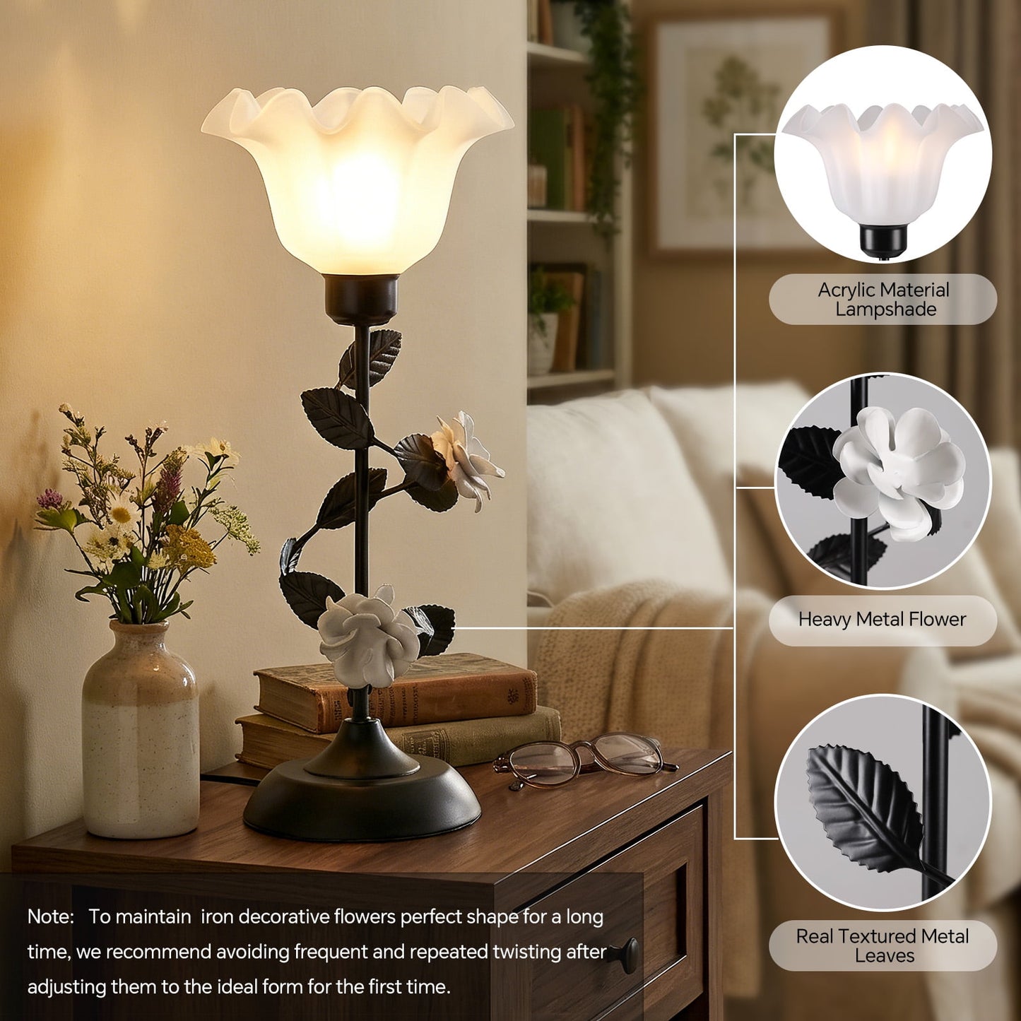 SUNMORY 17.72” Table Lamp Set of 2, Elegant Rose Lamps with 3 Color Temperature, Table Lamps for Living Room, Bedside Nightstands Lamps for Bedroom, Metal Flower Design & Sturdy Base, Black 18900664936