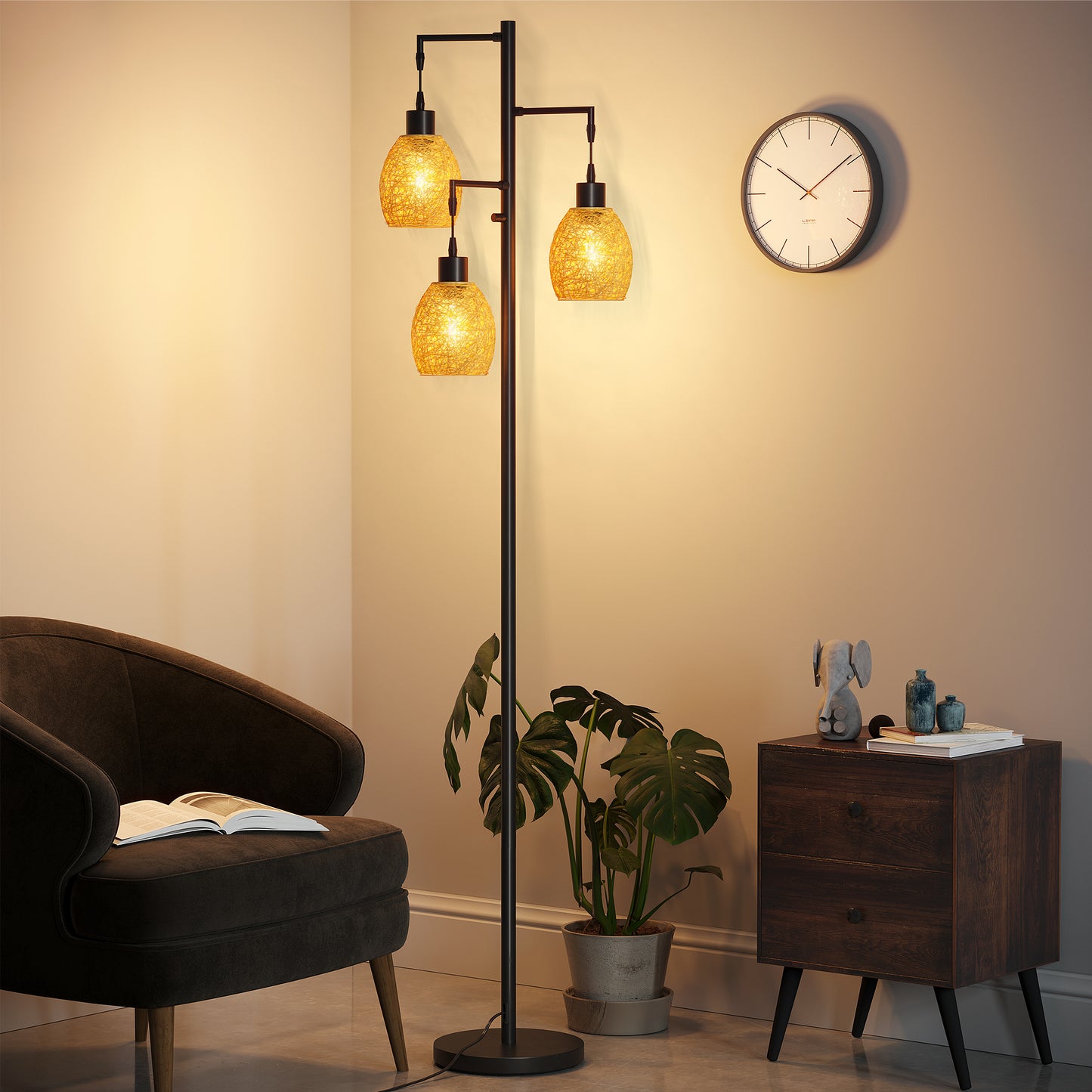 SUNMORY 3 Light Tree Floor Lamp with Rattan Lampshade, Dimmable Tall Standing Lamp, Industrial Farmhouse Floor Lamp with 3 LED Bulbs for Living Room, Bedroom(Black)
