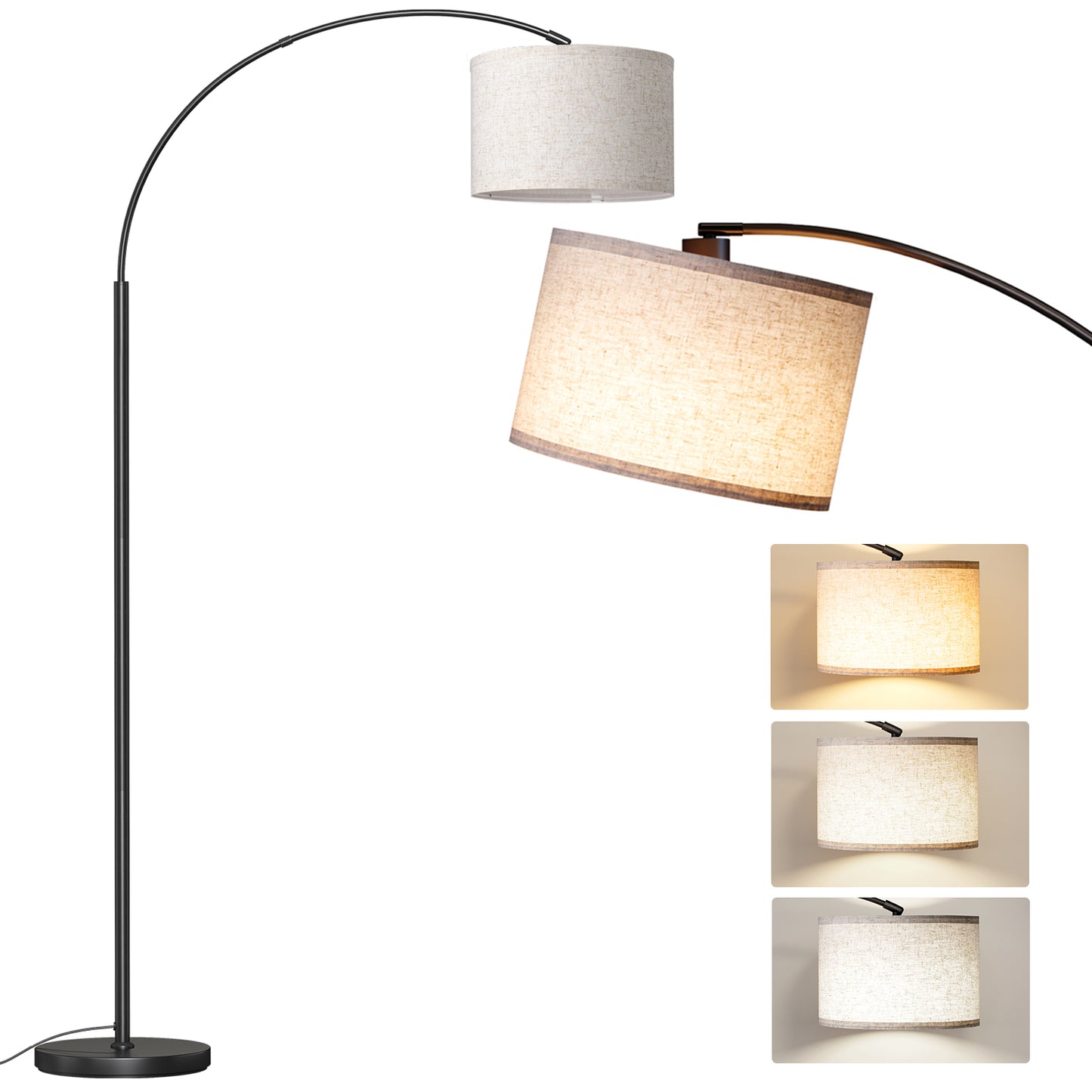 Arc Floor Lamp with Foot Switch, 3 Color Temperature, 9w A19 LED Bulb included, 75″Height Tall Lamp with Hanging Drum Shade, Arched Standing Lamp for Bedroom, Living Room, Office(Black) 13107820083