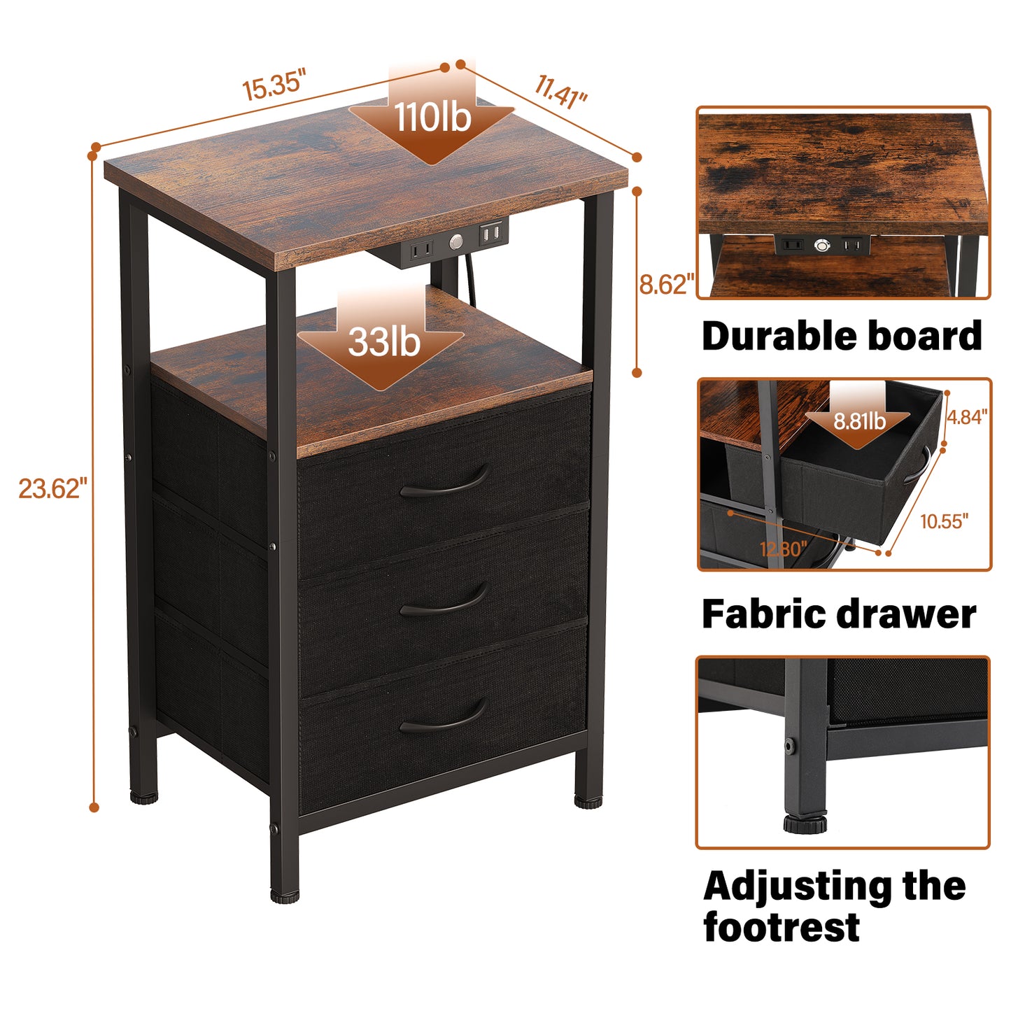 3-Tier Nightstand with Drawers and Charging Station, End Table with Storage Shelf and USB Ports& Power Outlets Side Table for Living Room, Rustic Brown