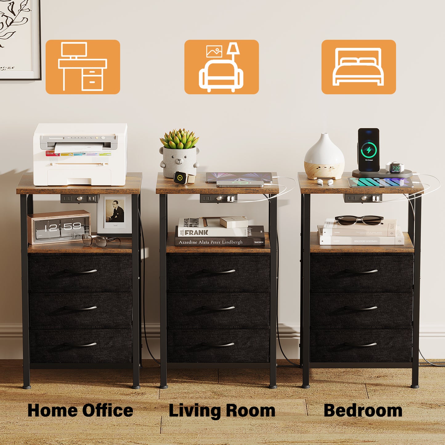 3-Tier Nightstand with Drawers and Charging Station, End Table with Storage Shelf and USB Ports& Power Outlets Side Table for Living Room, Rustic Brown