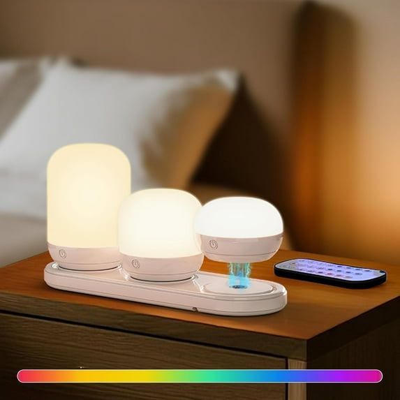SUNMOMRY Rechargeable Night Light with Magnetic Charging Station, Dimmable Table lamp with 12 RGB Colors, Small LED Lights for Bedroom, Timer & Remote Control, Lamps for Night Stands-15652858114