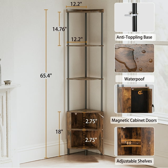 SUNMORY Corner Cabinet, 5 Tier 65.4" Corner Shelf with Storage, Corner Shelves Display Shelf for Living Room Decor, Wall Corner Bookshelf, Tall Plant Stand for Bedroom, Bathroom, Kitchen, Small Space