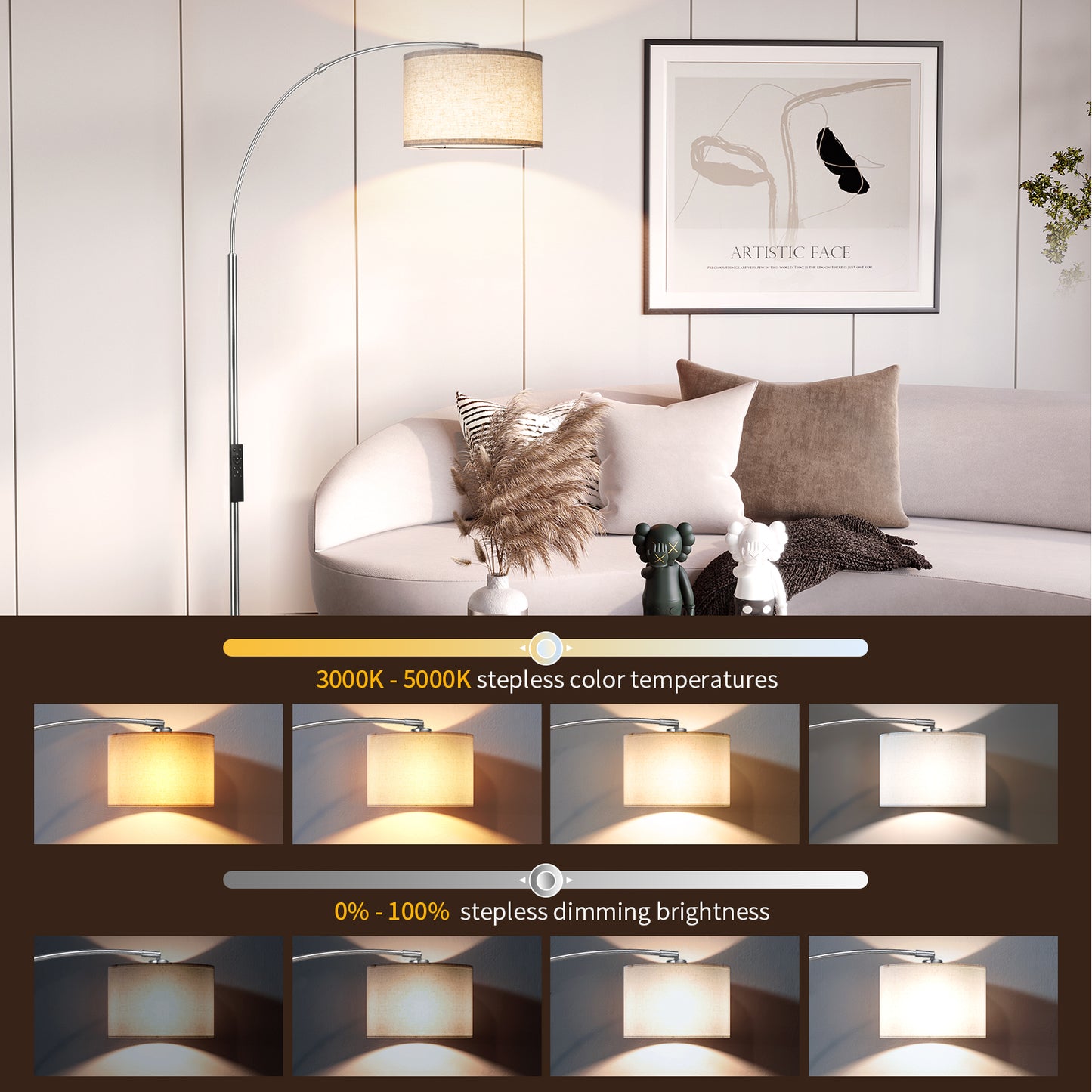 Arc Floor Lamp with Remote, Modern Floor Lamp with Stepless Dimmer, Tall Lamp with Hanging Drum Shade, Iron, Silver