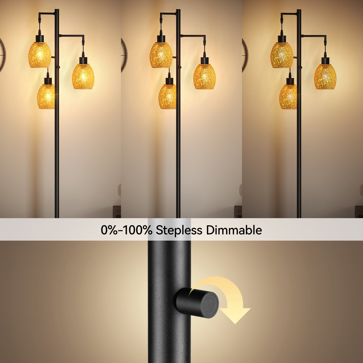 SUNMORY 3 Light Tree Floor Lamp with Rattan Lampshade, Dimmable Tall Standing Lamp, Industrial Farmhouse Floor Lamp with 3 LED Bulbs for Living Room, Bedroom(Black)