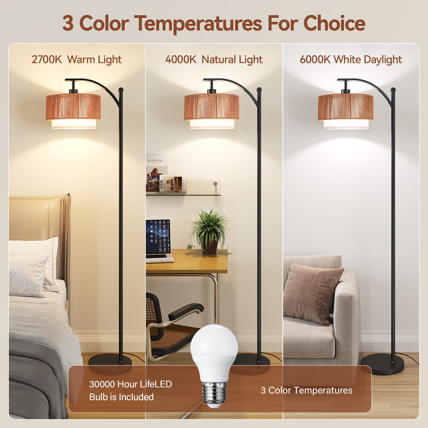SUNMORY Rattan Floor Lamps, Boho Standing Lamps with Rattan & Linen Double Shades, Arc Lamp Floor with 12W Bulb, Foot Switch, Bohemian Floor Lamps for for Living Room, Bedroom, Study Room