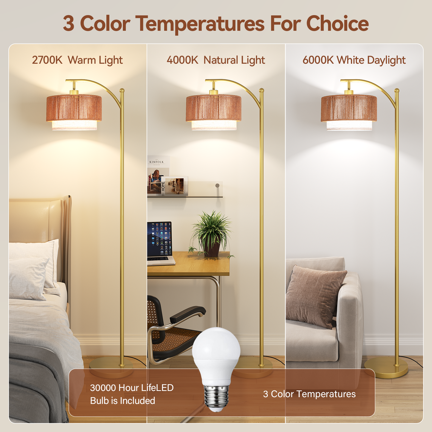 SUNMORY Rattan Floor Lamps, Boho Standing Lamps with Rattan & Linen Double Shades, Arc Lamp Floor with 12W Bulb, Foot Switch, Bohemian Floor Lamps for for Living Room, Bedroom, Study Room