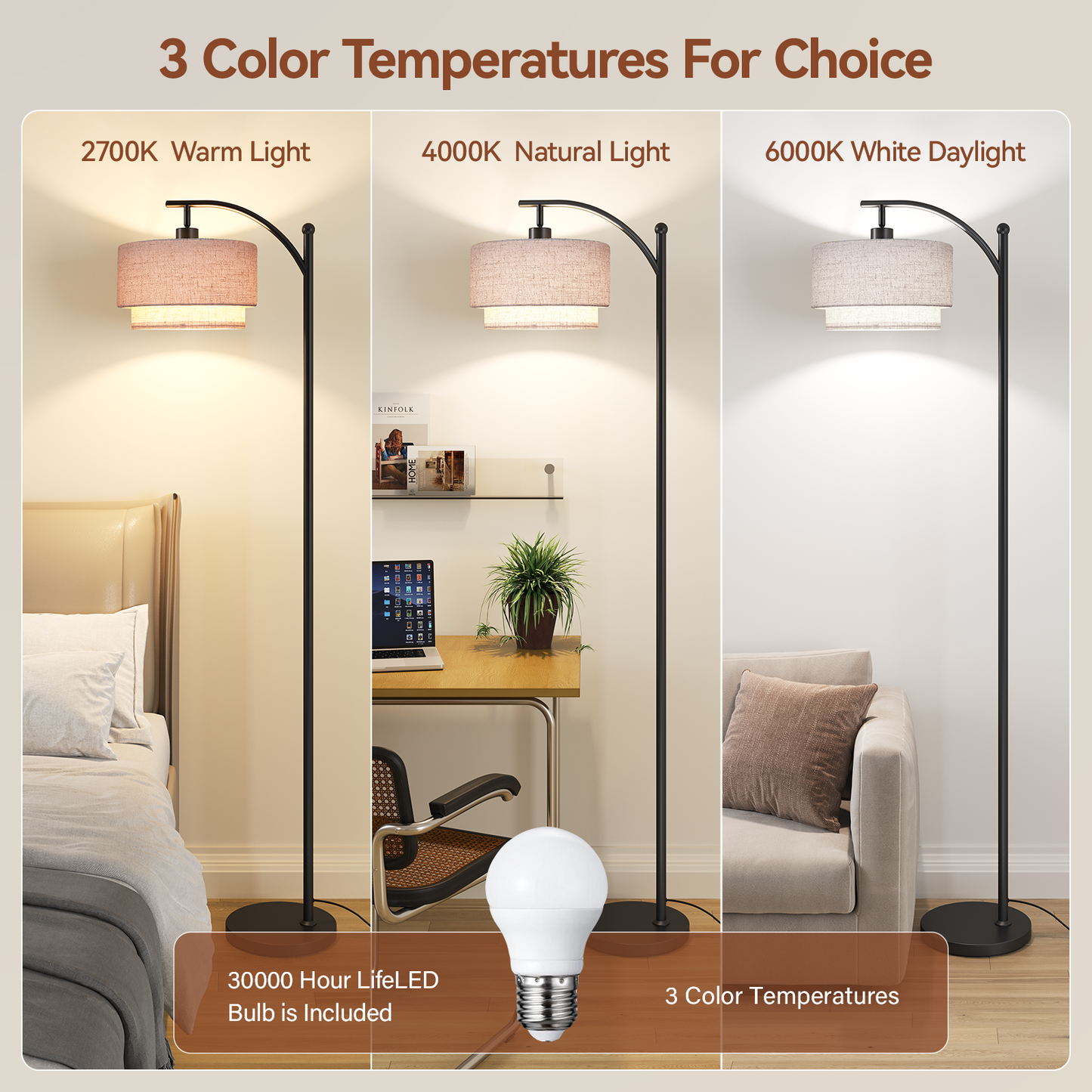 SUNMORY Arc Floor Lamp, Modern Corner Standing Lamp with Unique Hanging Douoble Drum Lampshade for Living Room, Bedroom, Study Room