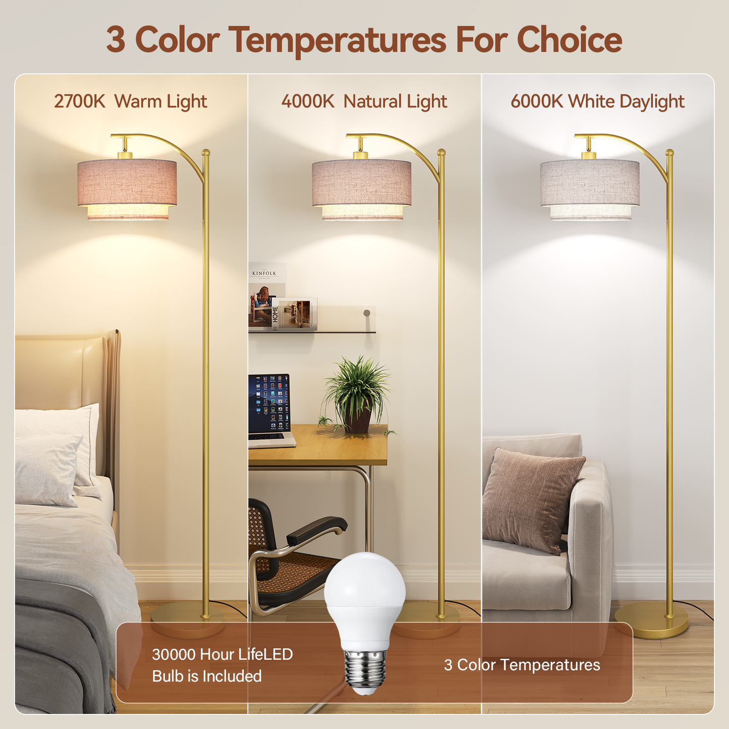 SUNMORY Arc Floor Lamp, Modern Corner Standing Lamp with Unique Hanging Douoble Drum Lampshade for Living Room, Bedroom, Study Room