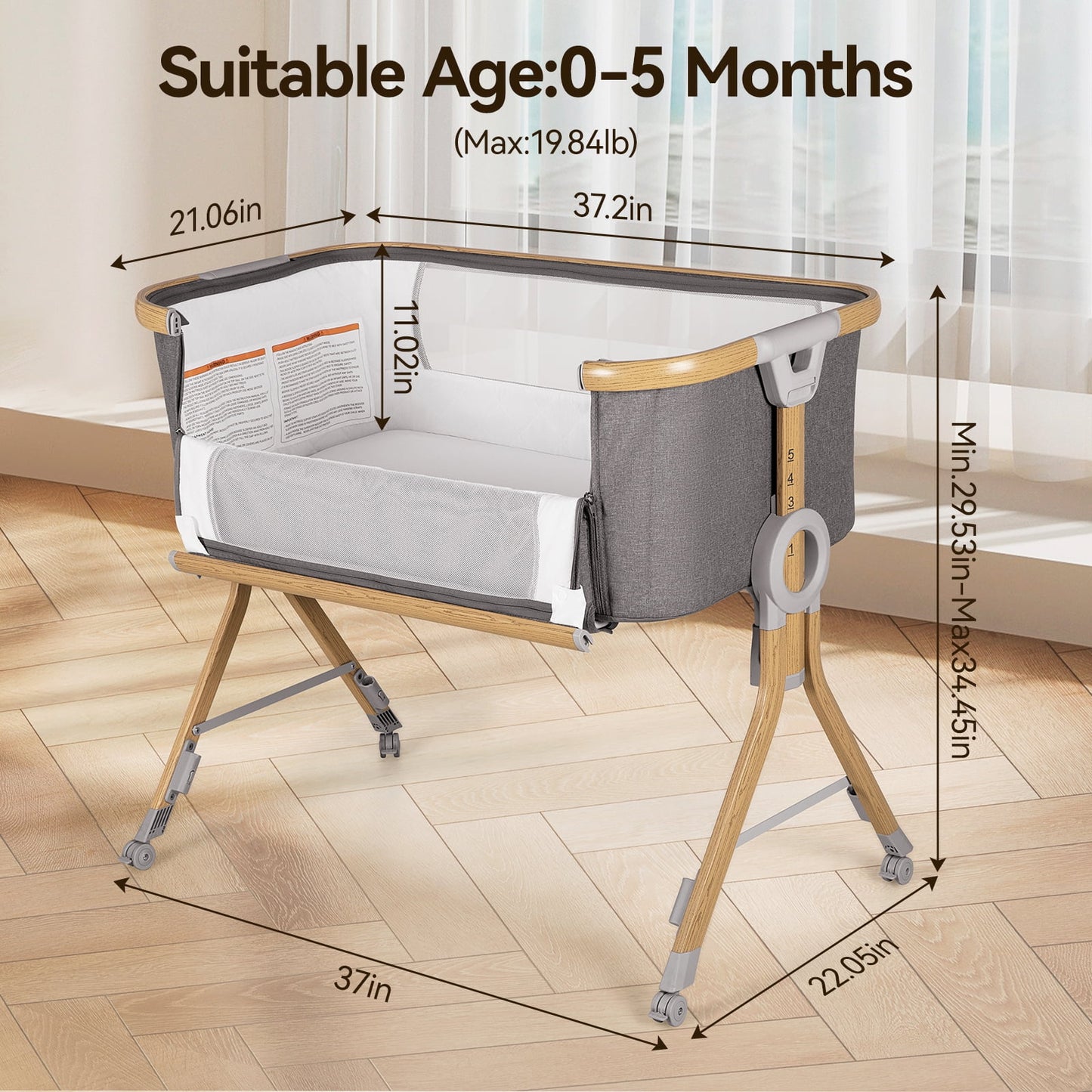 Baby Bassinet Bedside Sleeper, Baby Bed to Babies Cradle, Adjustable 5-Level Height Portable Bed for Newborn/ Infant/ Baby Boy/ Baby Girl (Light Gray) BSC001