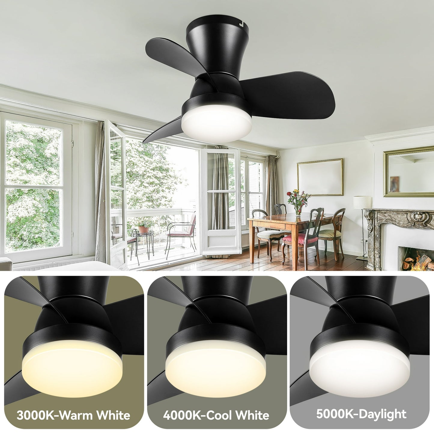 Ceiling Fans with Lights and Remote, 22 inch Low Profile Ceiling Fan for Bedroom/Kitchen/Dining Room/Patio, 6 Wind Speeds, Dimmable,