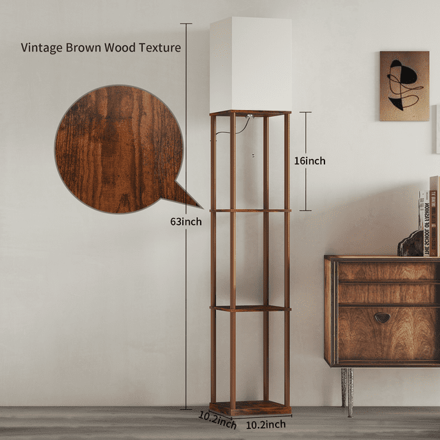 SUNMORY Floor Lamp with Shleves,63" Standing Lamp with 4 Tier Wood Display Shelves and Linen Lampshade
