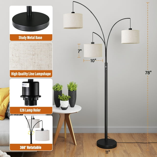 SUNMORY 3 Lights Floor Lamp for Living Room, 78" Tall Standing Lamp with Hanging Drum Shade, Modern Arc Floor Lamps with Heavy Base, Mid Century Arched Tree Floor Lamp for Bedroom, Office, Corner