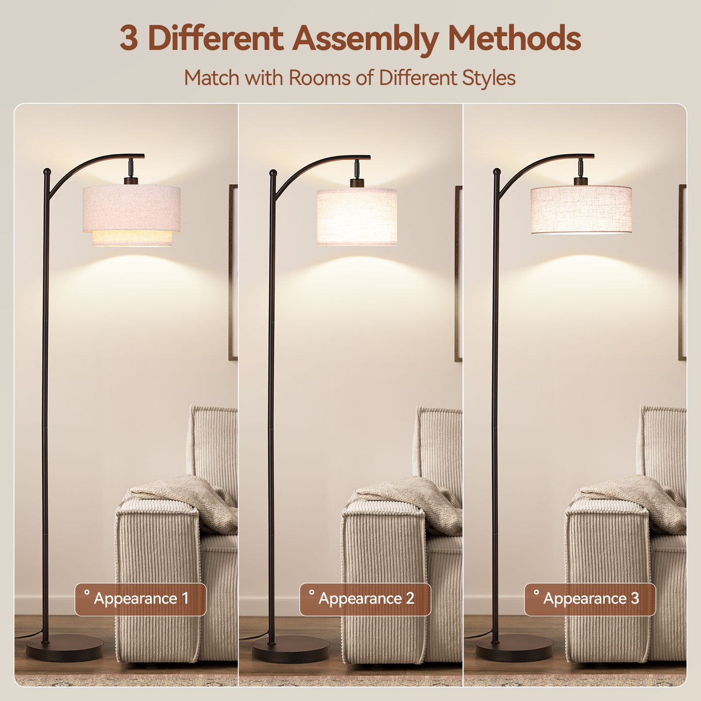 SUNMORY Arc Floor Lamp, Modern Corner Standing Lamp with Unique Hanging Douoble Drum Lampshade for Living Room, Bedroom, Study Room