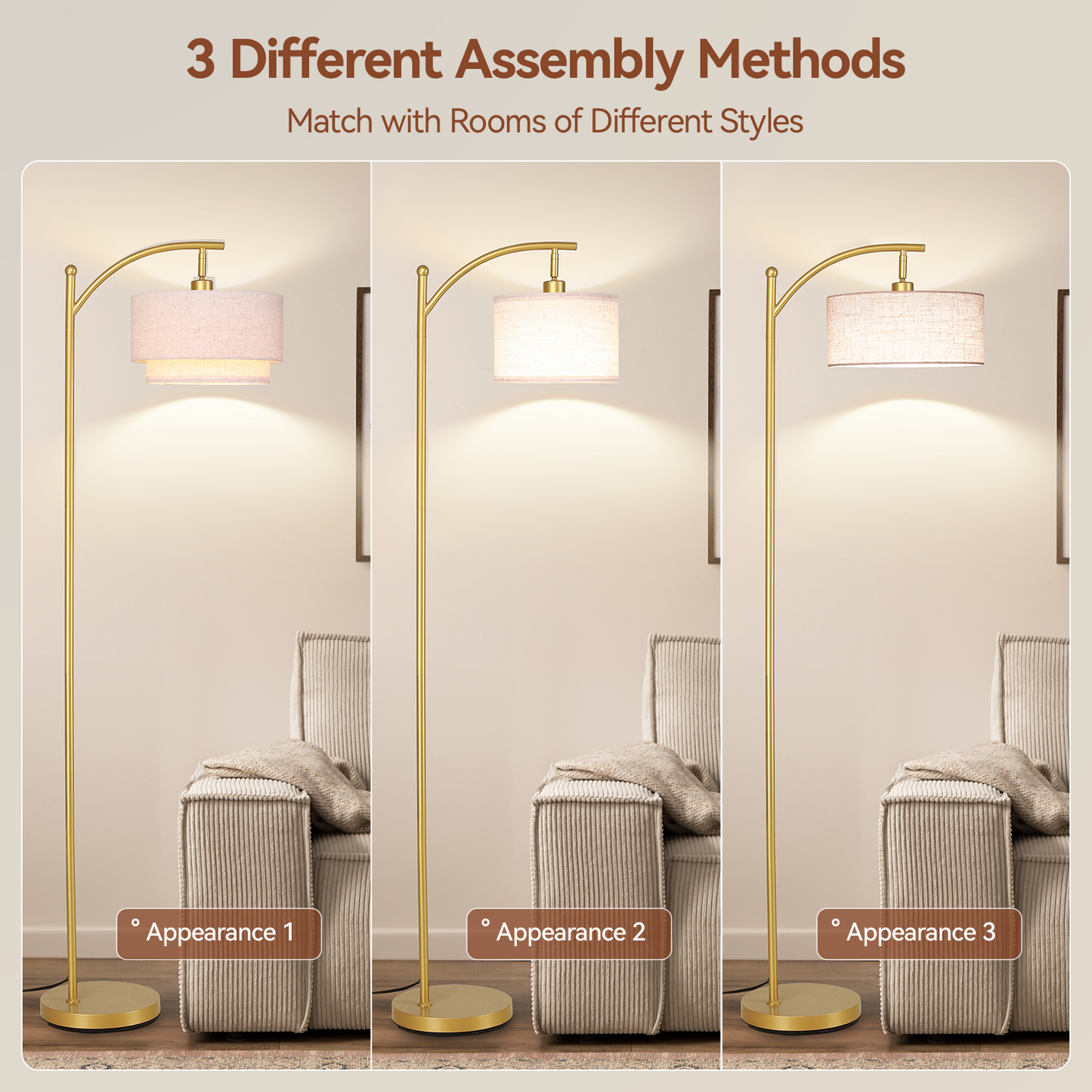 SUNMORY Arc Floor Lamp, Modern Corner Standing Lamp with Unique Hanging Douoble Drum Lampshade for Living Room, Bedroom, Study Room