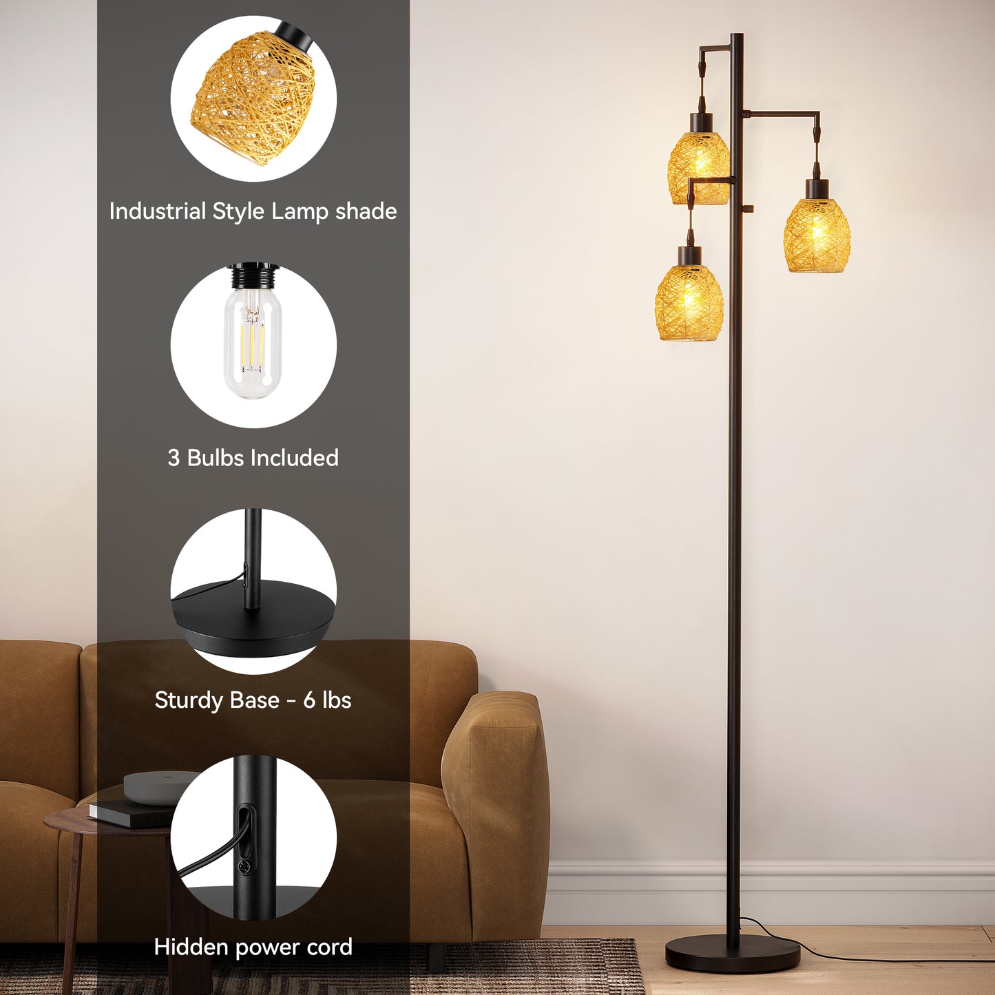 SUNMORY 3 Light Tree Floor Lamp with Rattan Lampshade, Dimmable Tall Standing Lamp, Industrial Farmhouse Floor Lamp with 3 LED Bulbs for Living Room, Bedroom(Black)