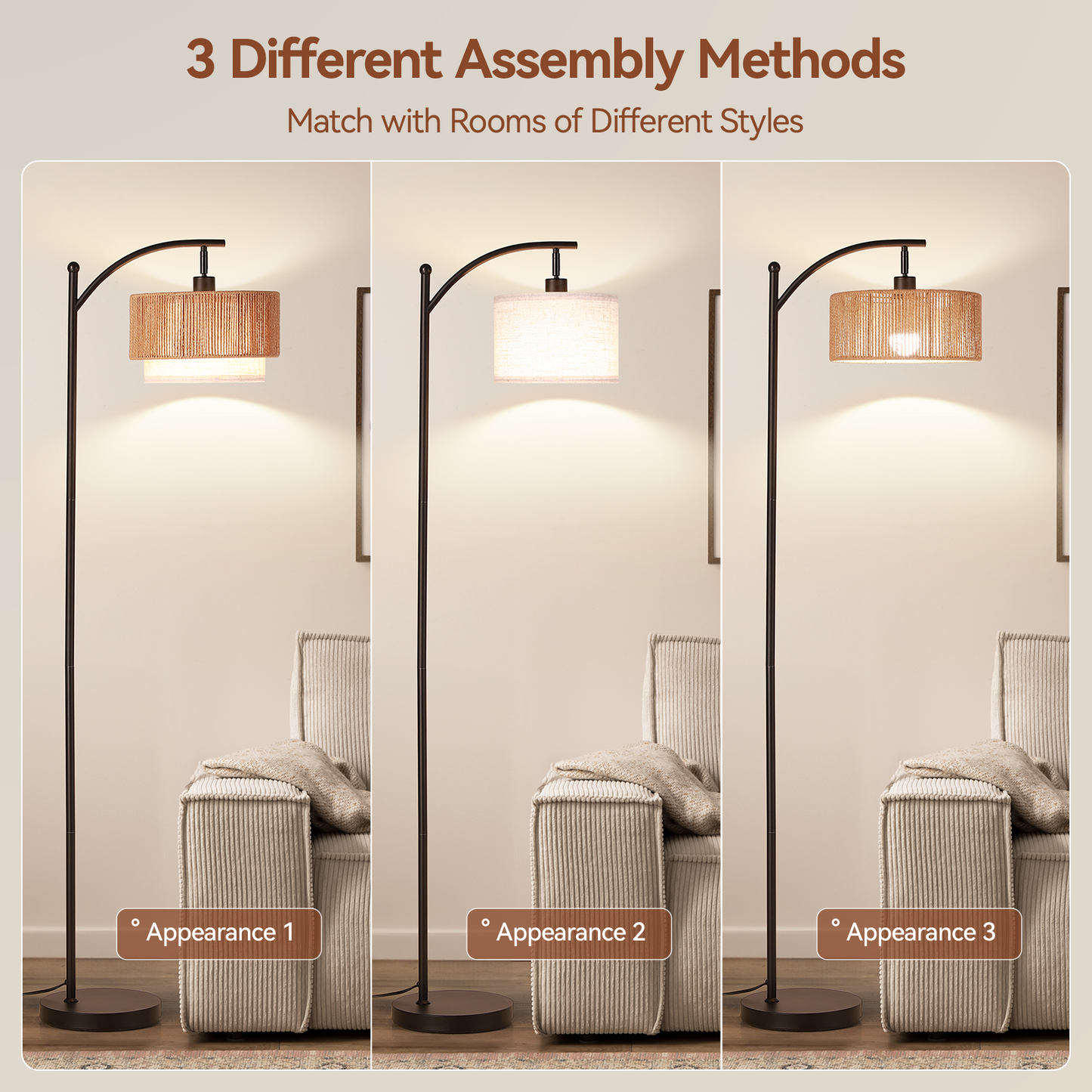 SUNMORY Rattan Floor Lamps, Boho Standing Lamps with Rattan & Linen Double Shades, Arc Lamp Floor with 12W Bulb, Foot Switch, Bohemian Floor Lamps for for Living Room, Bedroom, Study Room