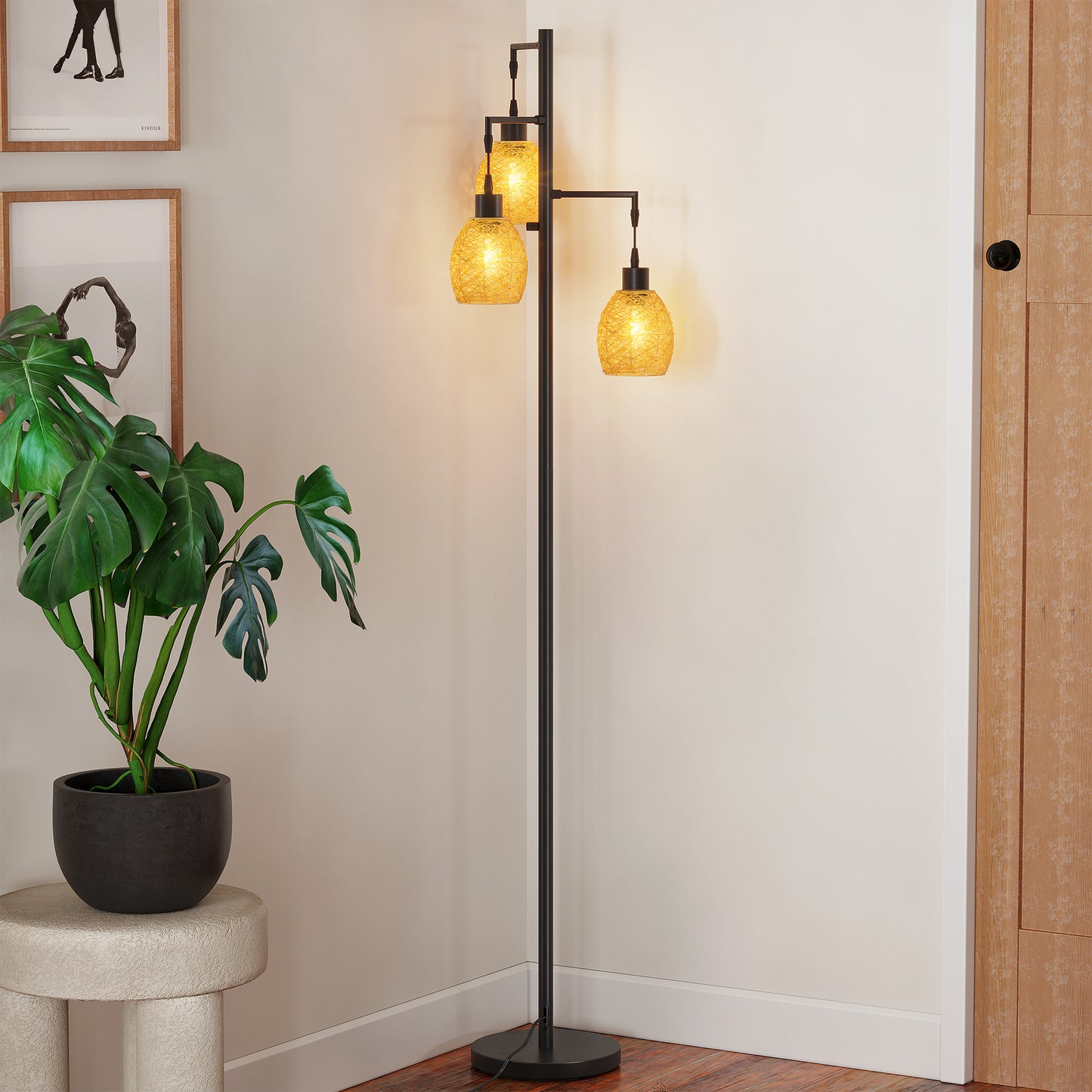 SUNMORY 3 Light Tree Floor Lamp with Rattan Lampshade, Dimmable Tall Standing Lamp, Industrial Farmhouse Floor Lamp with 3 LED Bulbs for Living Room, Bedroom(Black)