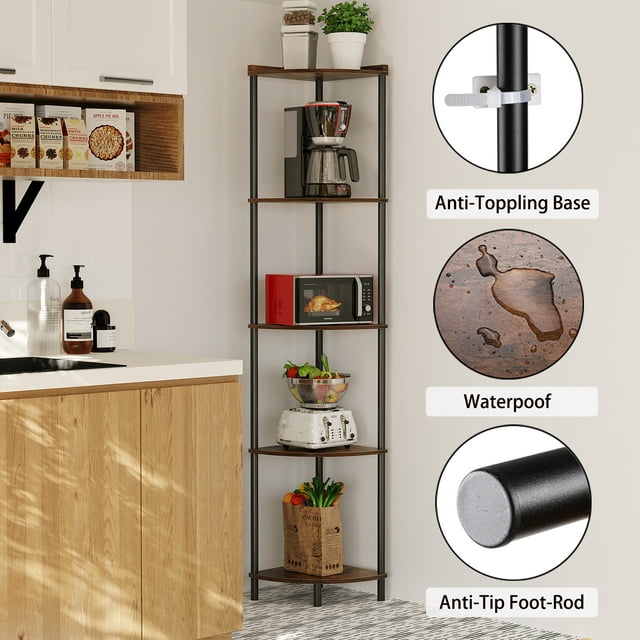 SUNMORY 5 Tier Industrial Corner Shelf Stand, 65" Corner Bookcase Display Shelves for Living Room Decor, Wall Corner Bookshelf Multi Unit Organizer, Tall Shelf Plant Stand for Bedroom, Bathroom