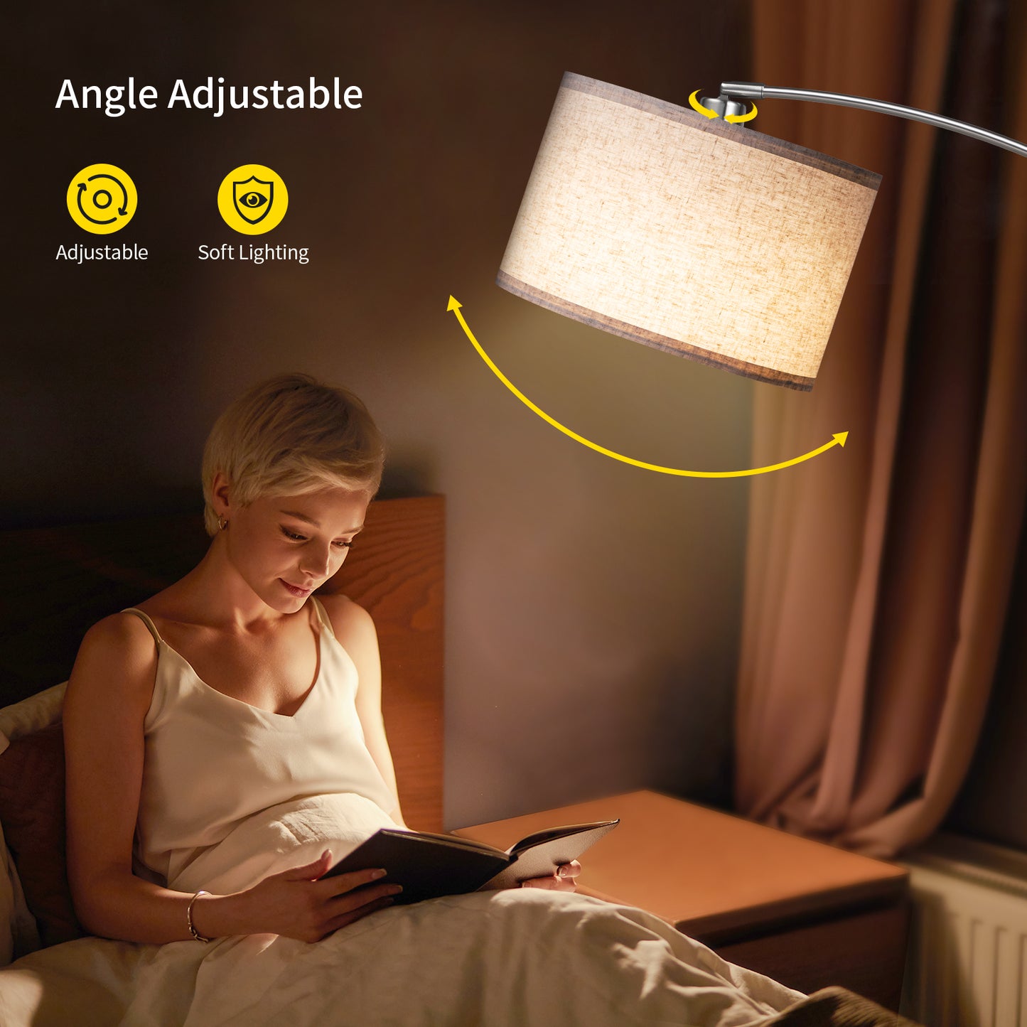 Arc Floor Lamp with Remote, Modern Floor Lamp with Stepless Dimmer, Tall Lamp with Hanging Drum Shade, Iron, Silver