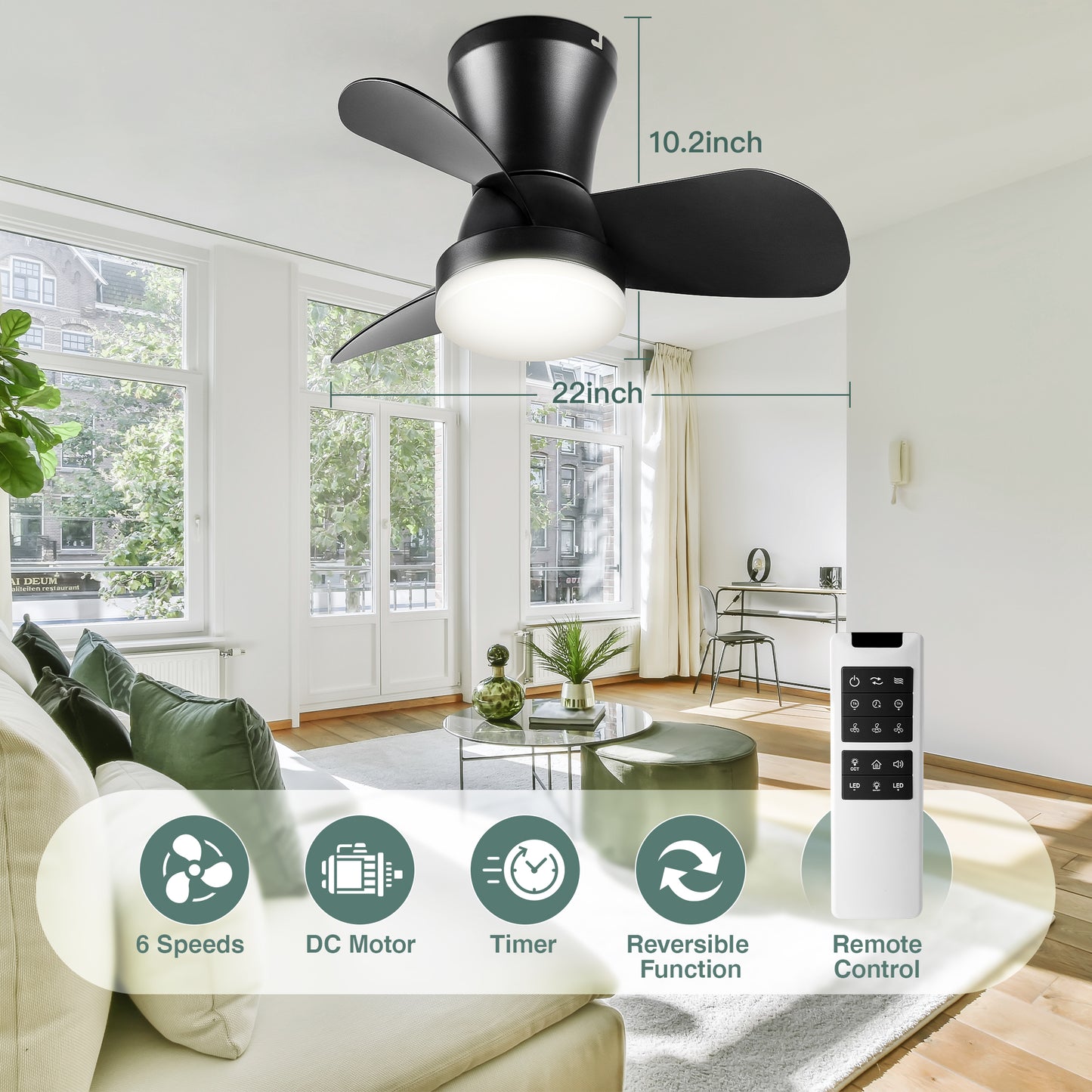 SUNMORY 22 inch Ceiling Fans with Lights and Remote, Low Profile Ceiling Fan for Bedroom/Kitchen/Dining Room/Patio, 6 Wind Speeds, Dimmable, White