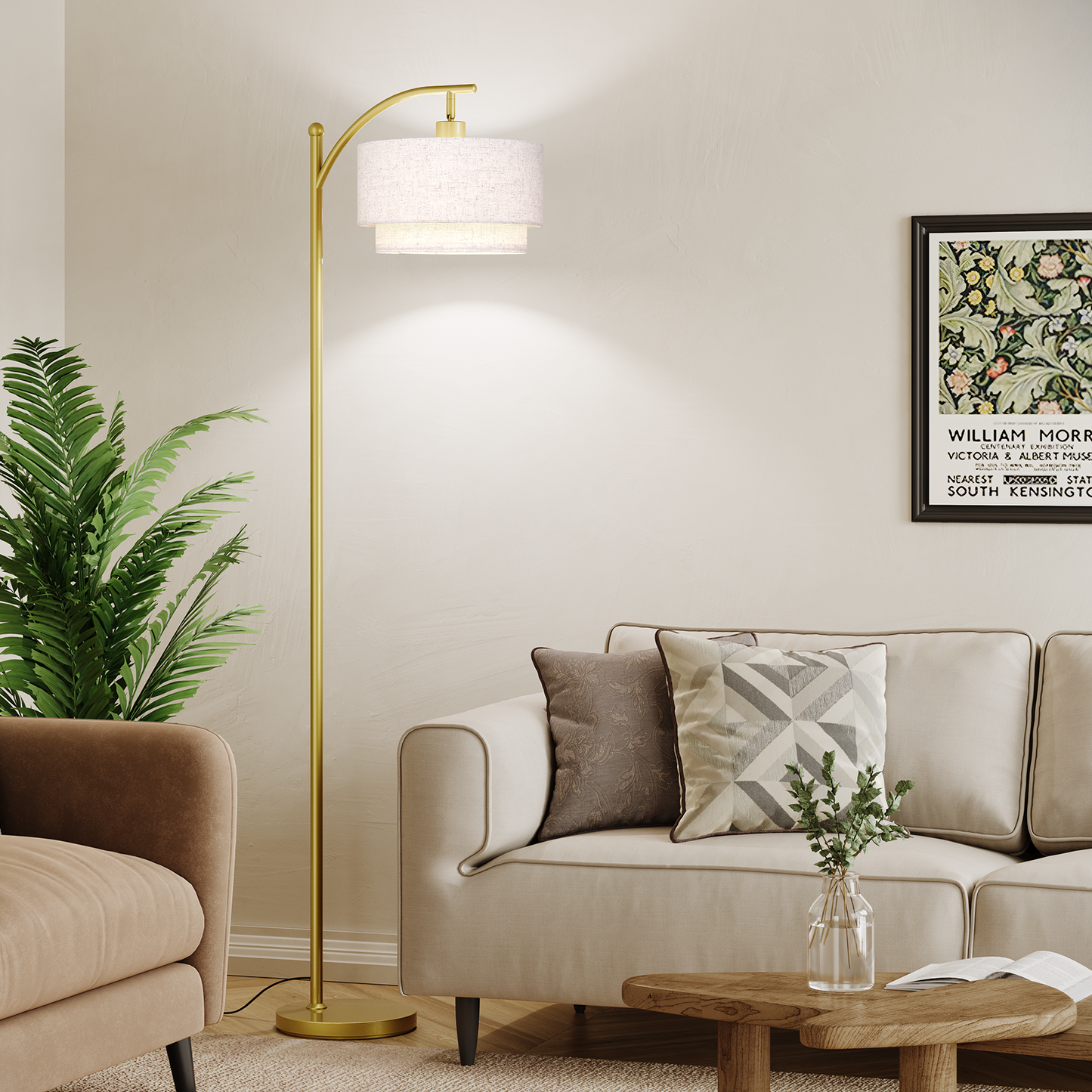 SUNMORY Arc Floor Lamp, Modern Corner Standing Lamp with Unique Hanging Douoble Drum Lampshade for Living Room, Bedroom, Study Room