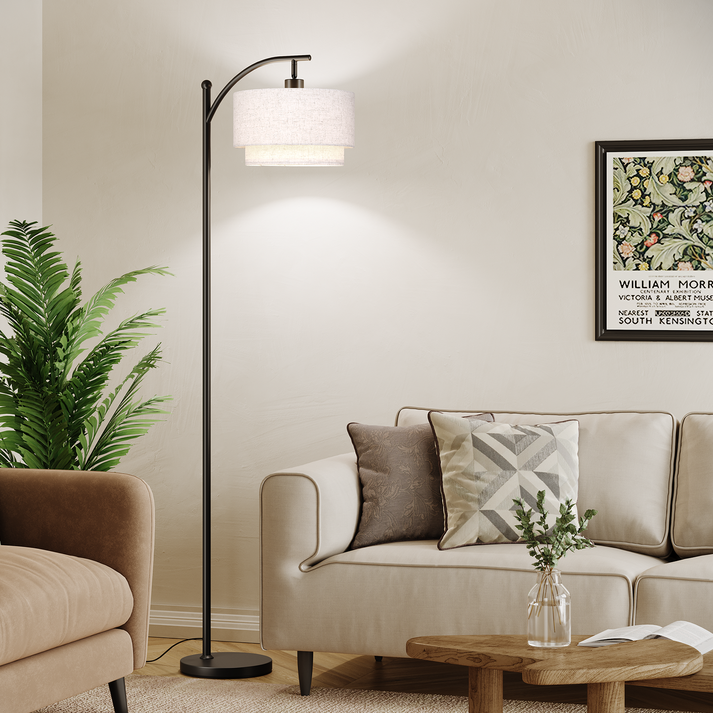 SUNMORY Arc Floor Lamp, Modern Corner Standing Lamp with Unique Hanging Douoble Drum Lampshade for Living Room, Bedroom, Study Room